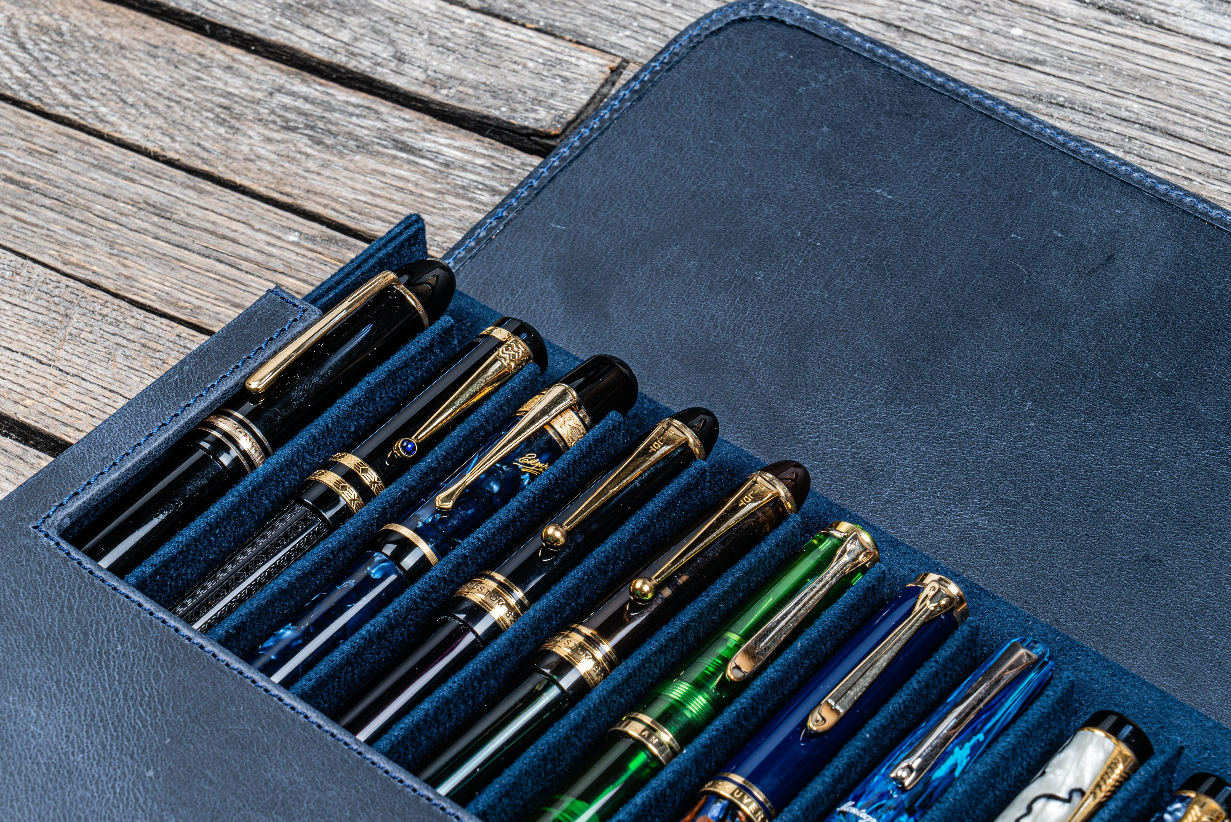 Leather Magnum Opus 12 Slots Hard Pen Case with Removable Pen Tray - Crazy Horse Navy Blue