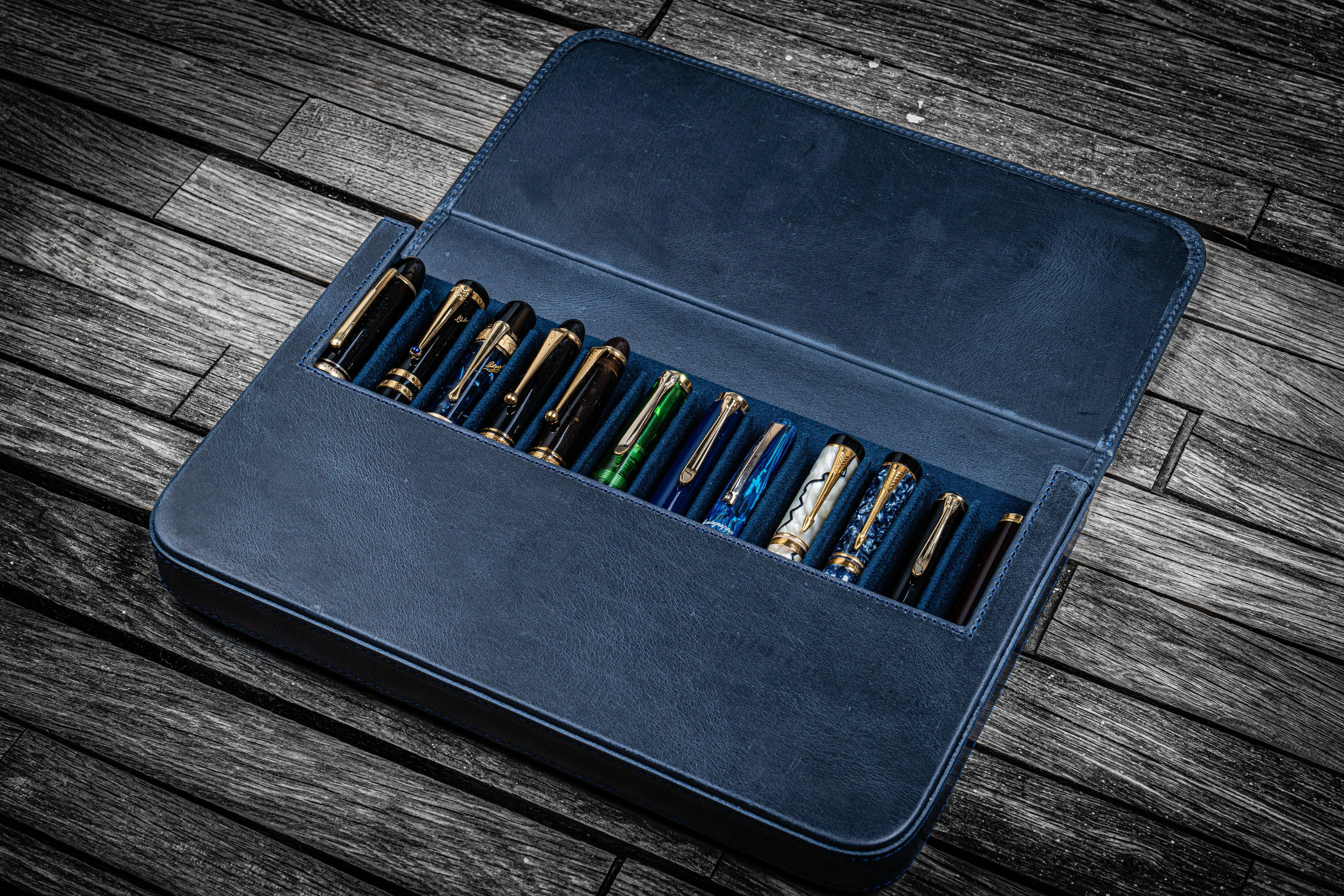 Leather Magnum Opus 12 Slots Hard Pen Case with Removable Pen Tray - Crazy Horse Navy Blue