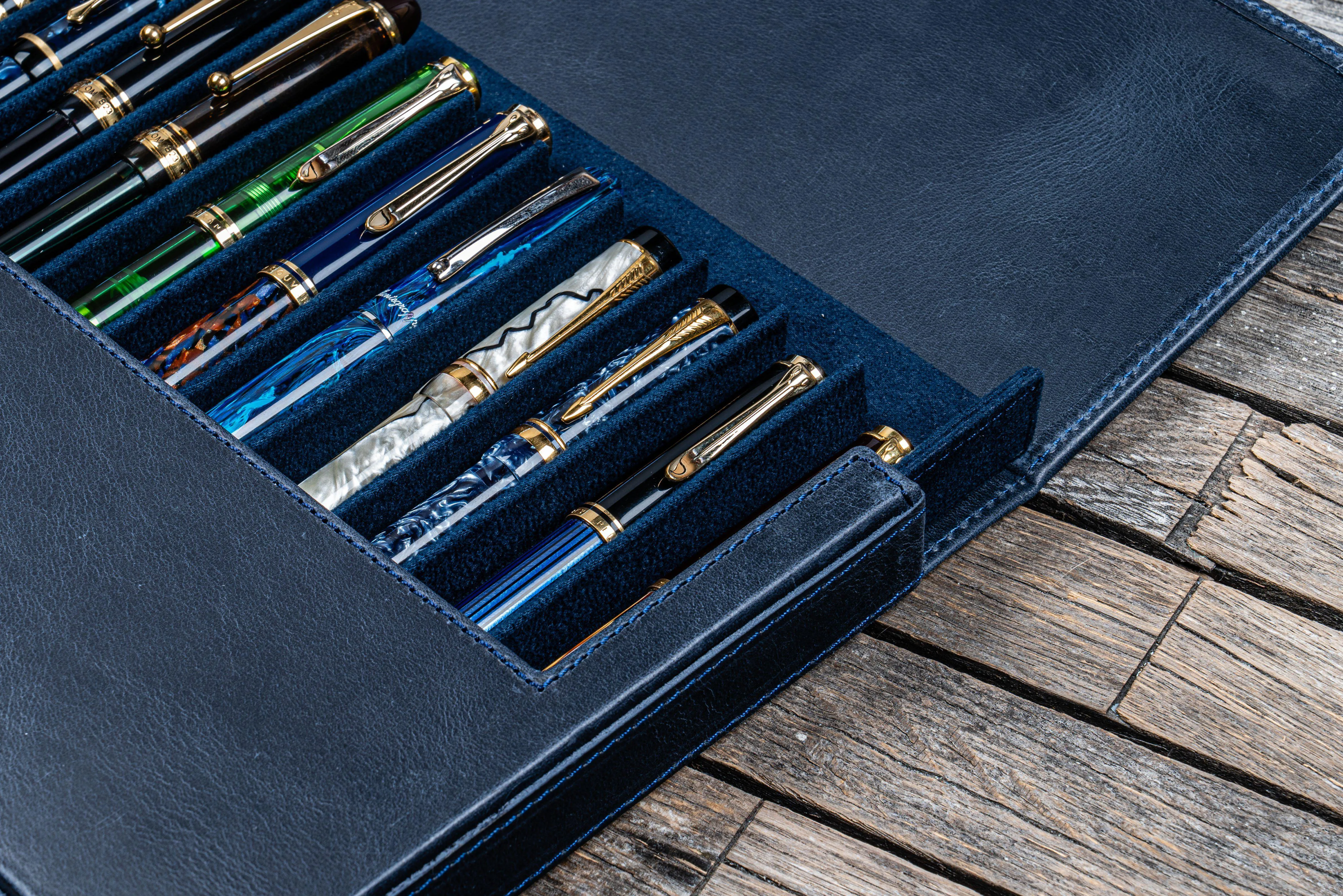 Leather Magnum Opus 12 Slots Hard Pen Case with Removable Pen Tray - Crazy Horse Navy Blue