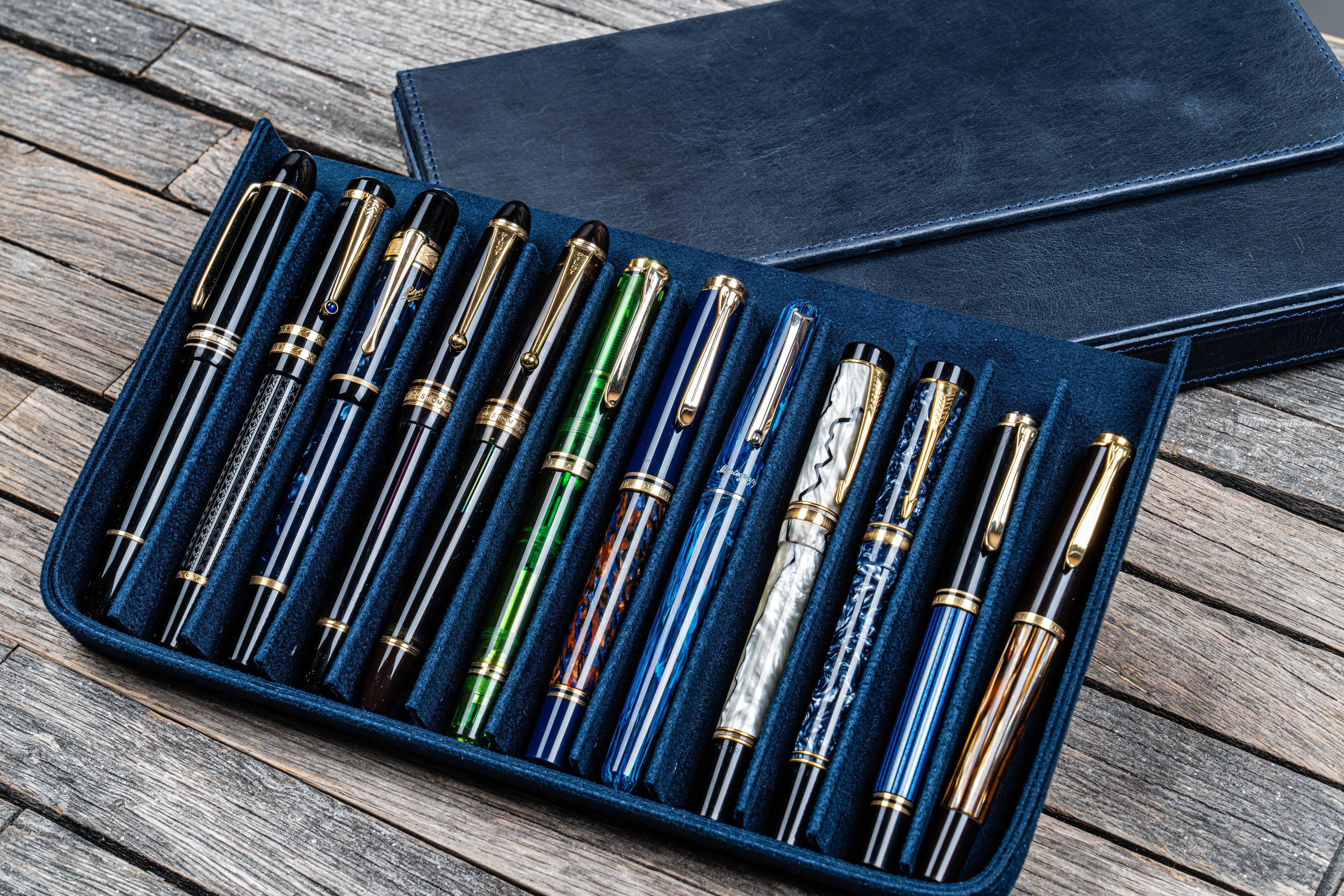 Leather Magnum Opus 12 Slots Hard Pen Case with Removable Pen Tray - Crazy Horse Navy Blue