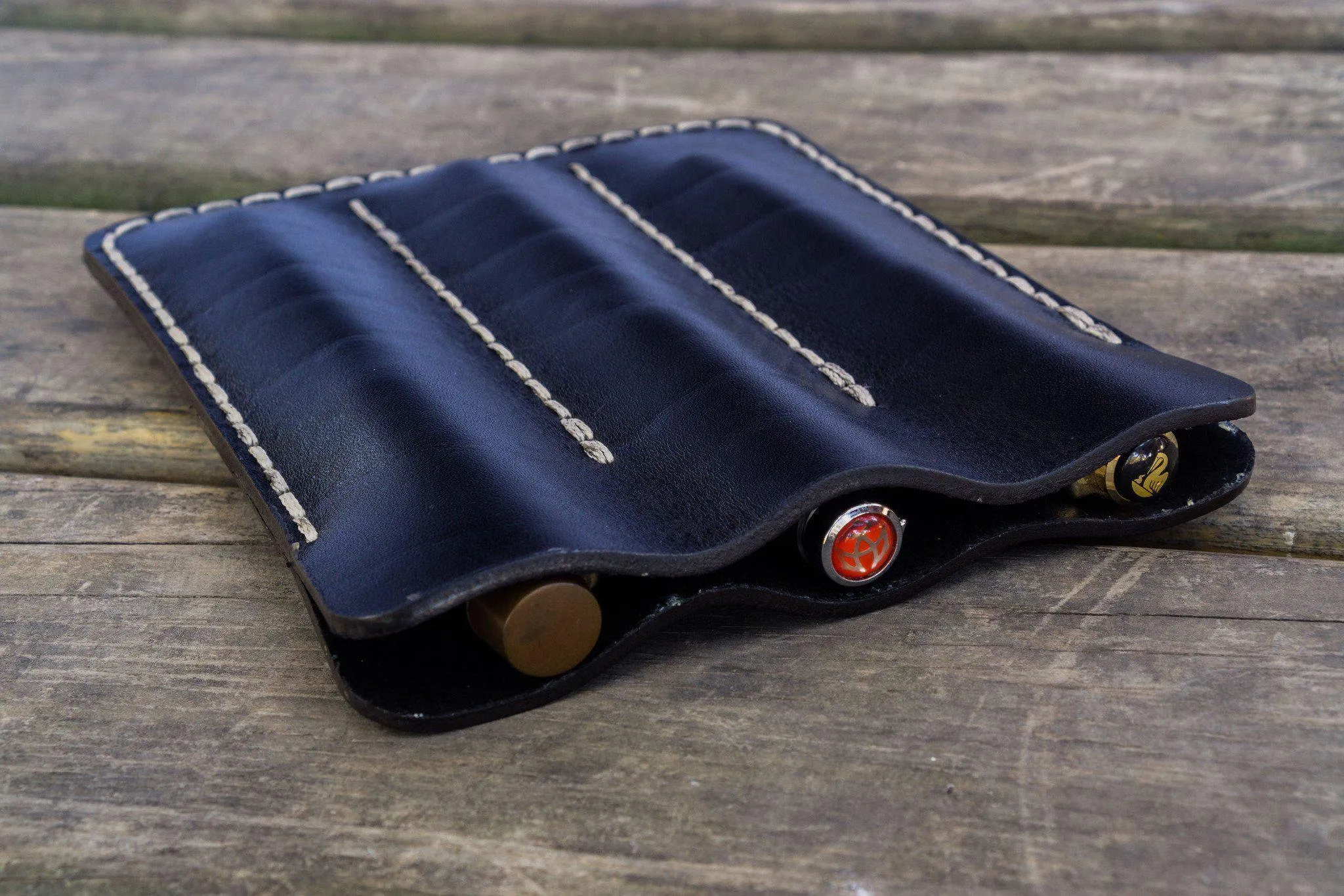 Leather Triple Fountain Pen Case / Pen Pouch - Black