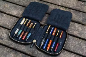 Leather Zippered 10 Slots Pen Case - Black