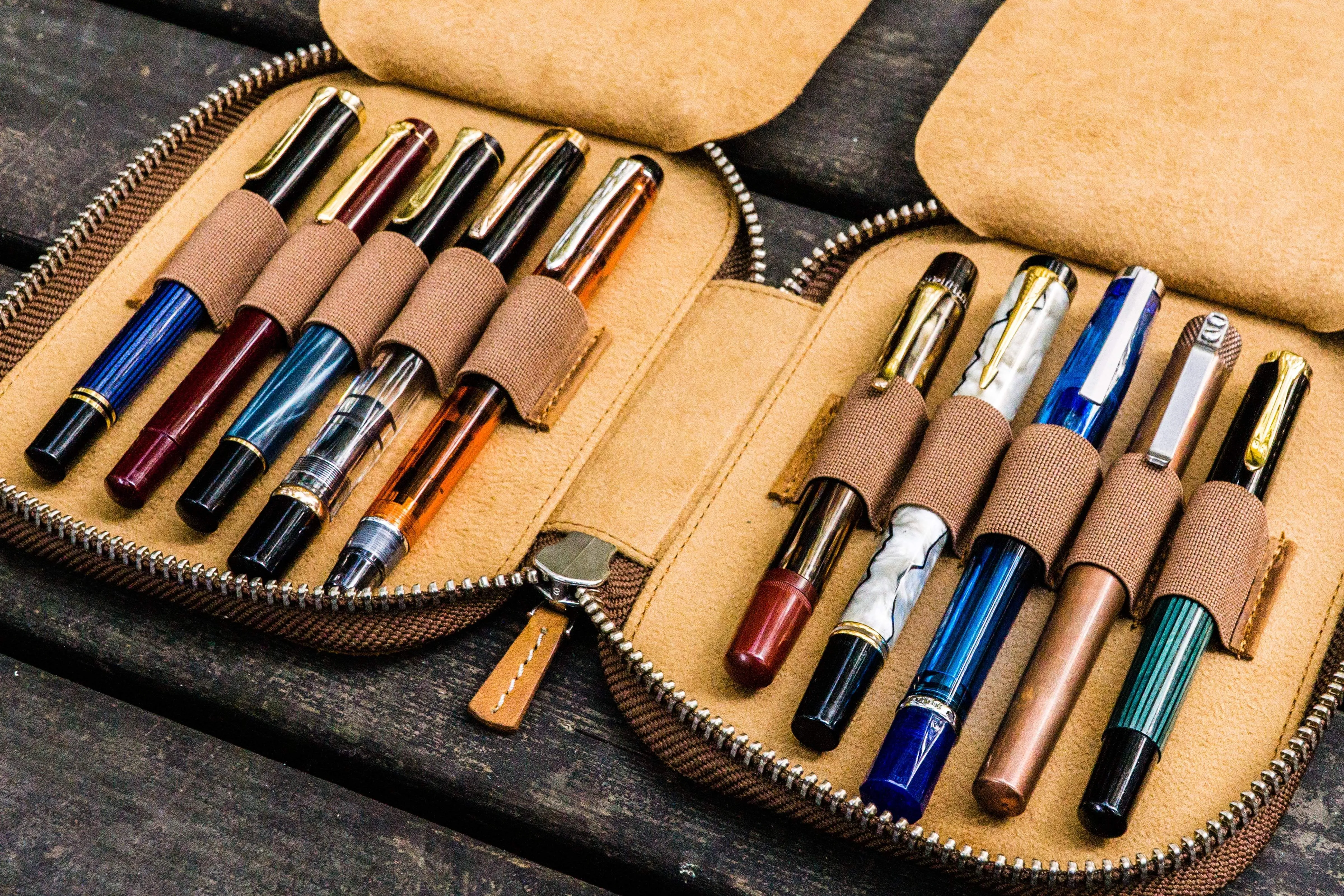 Leather Zippered 10 Slots Pen Case - Crazy Horse Brown