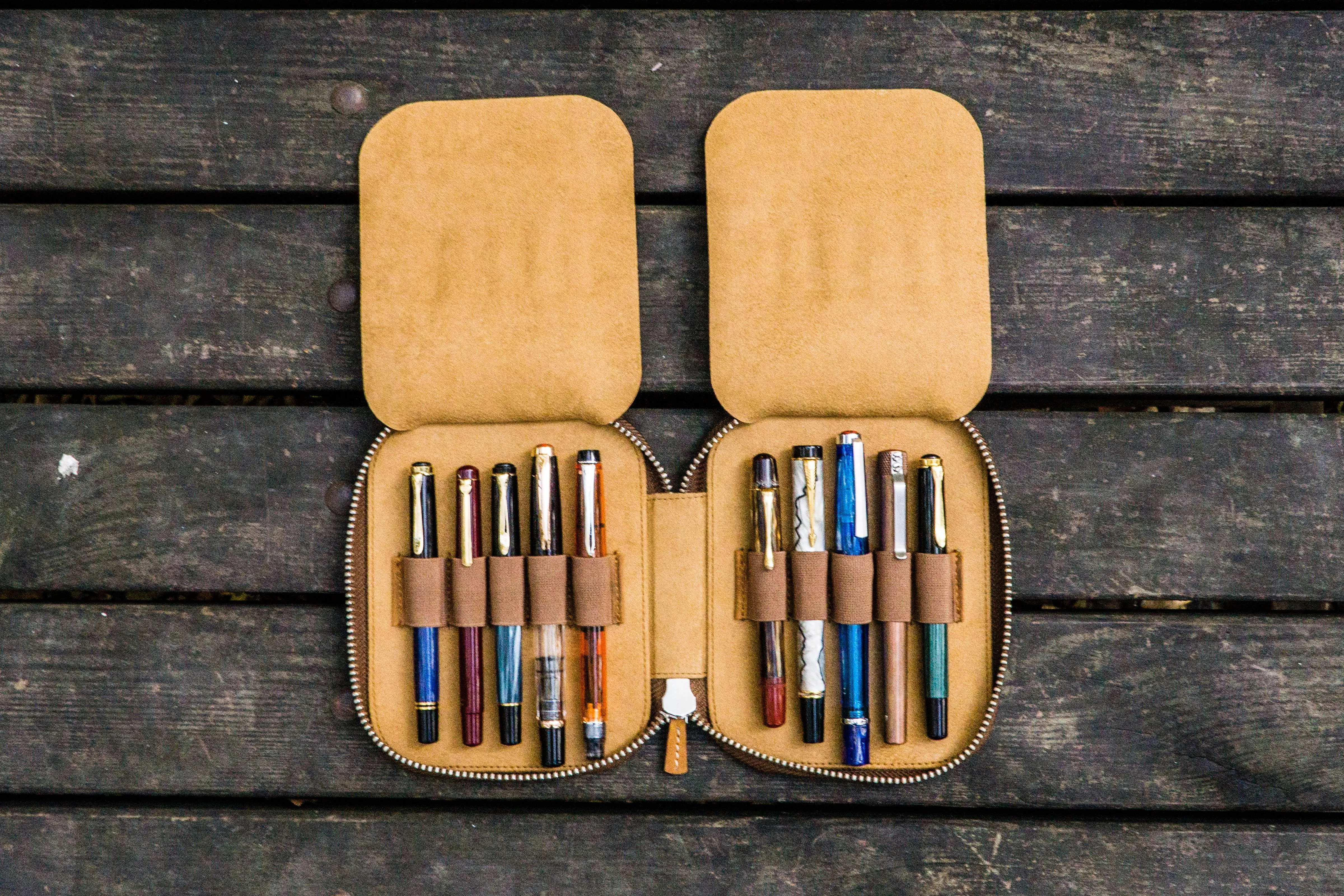 Leather Zippered 10 Slots Pen Case - Crazy Horse Brown