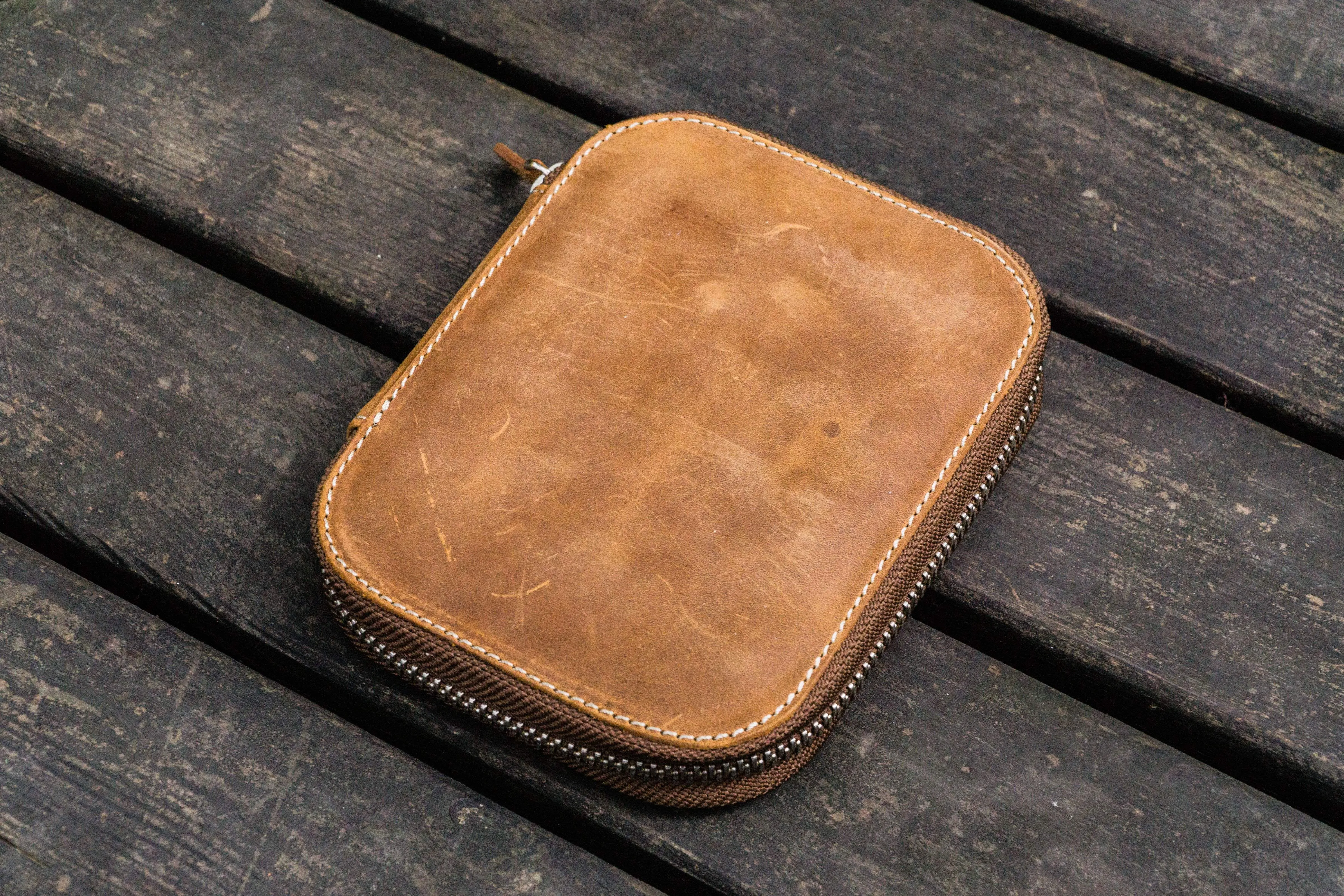 Leather Zippered 10 Slots Pen Case - Crazy Horse Brown