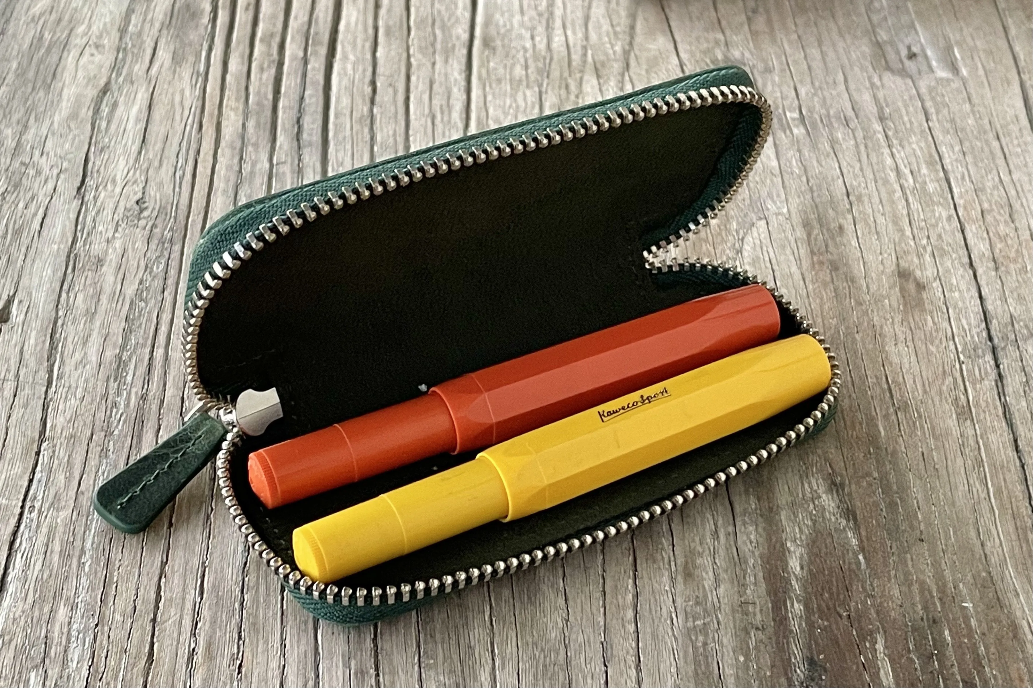 Leather Zippered Double Pen Case for Kaweco - Pocket Pen - Crazy Horse Forest Green