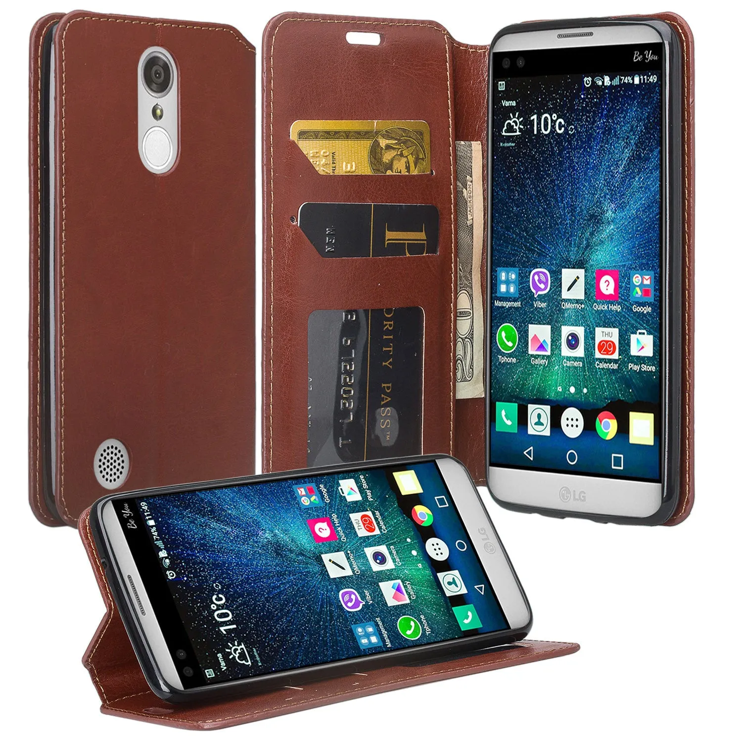 LG K4 (2017) | LG Fortune | LG Phoenix 3 Case, Slim Magnetic Fold[Kickstand] Pu Leather Wallet Case with ID & Credit Card Slots - Brown