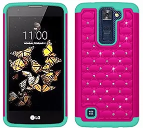 LG K8 Case | LG Escape 3 Case, Crystal Rhinestone Studded Slim Hybrid Dual Layer Case for LG K8/Escape 3 - Hot Pink/Teal