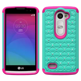 LG Leon LTE Case | Lg Tribute 2 Case | LG Power | LG Sunset | LG Destiny | LG Risio Case, Diamond Rhinestone Slim Hybrid Case - Teal/Hot Pink