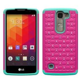 LG Spirit Rhinestone Case , Slim Hybrid Dual Layer[Shock Resistant] Crystal Rhinestone Studded Case Cover - Hot Pink/Teal