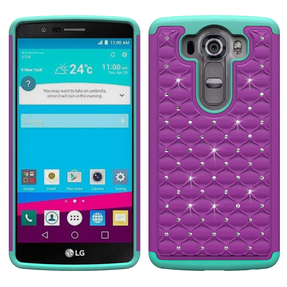 LG V10 Case , Slim Hybrid Dual Layer[Shock Resistant] Crystal Rhinestone Studded Case Cover - Purple/Teal