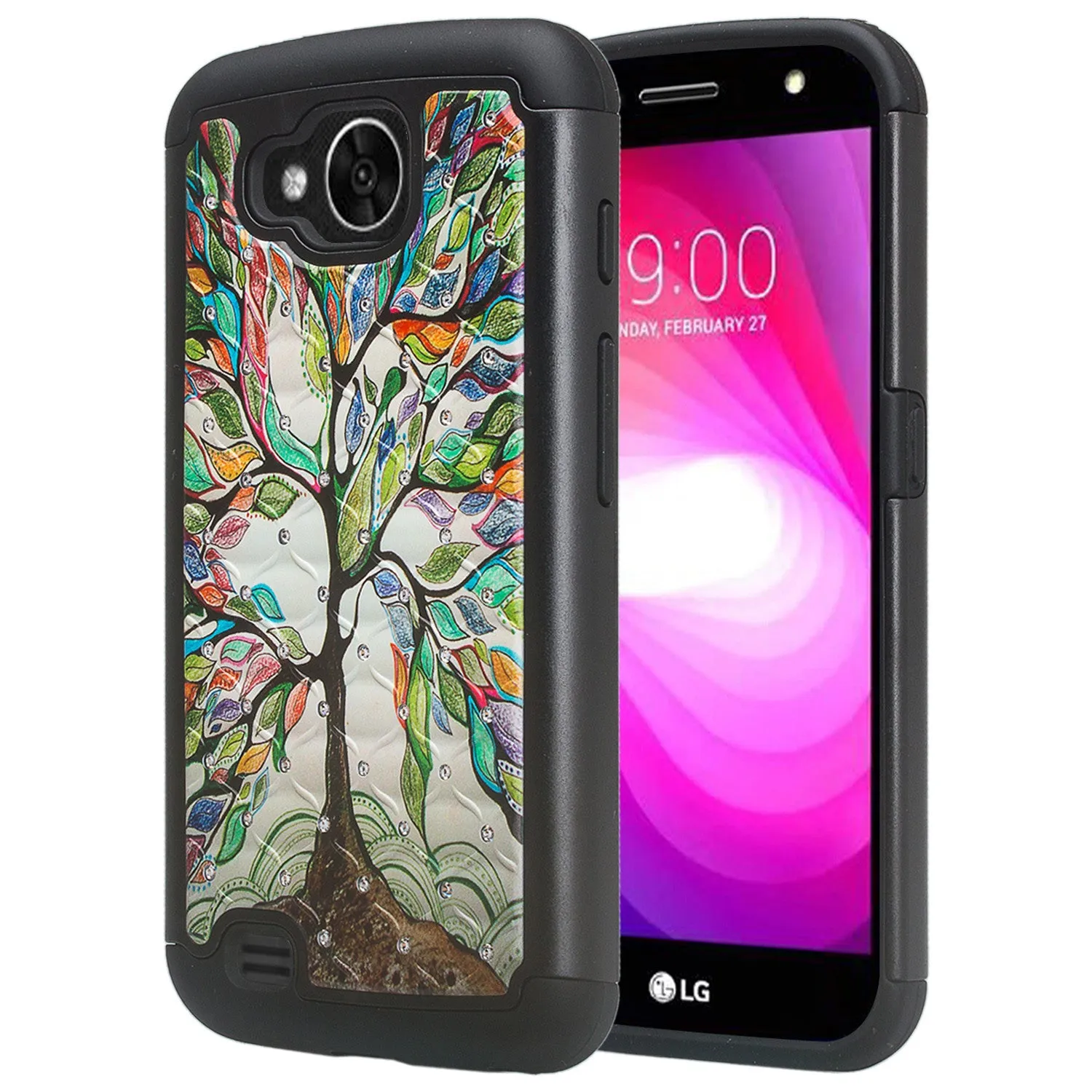 LG V9 Case, X Calibur Case, X Venture, Slim Crystal Rhinestone Hybrid Dual Layer[Shock Resistant] Case Cover - Vibrant Tree