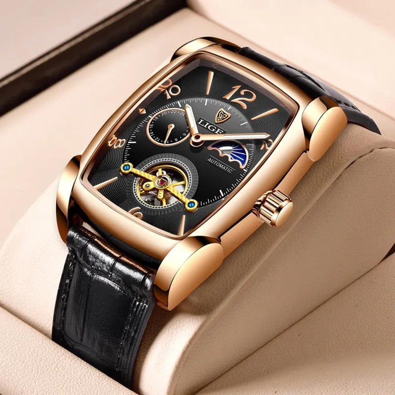 LIGE Men Square Automatic Watches for Men Fashion Genuine Leather Waterproof Tourbillon Mechanical Watch