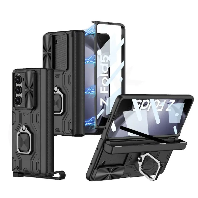 Magnetic Hinge Phone Case With Pen Holder Ring Stand Glass Film For Samsung Galaxy Z Fold 5