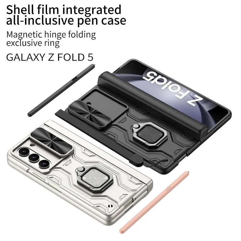 Magnetic Hinge Phone Case With Pen Holder Ring Stand Glass Film For Samsung Galaxy Z Fold 5