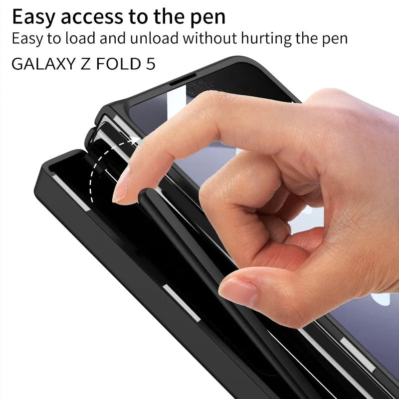 Magnetic Hinge Phone Case With Pen Holder Ring Stand Glass Film For Samsung Galaxy Z Fold 5