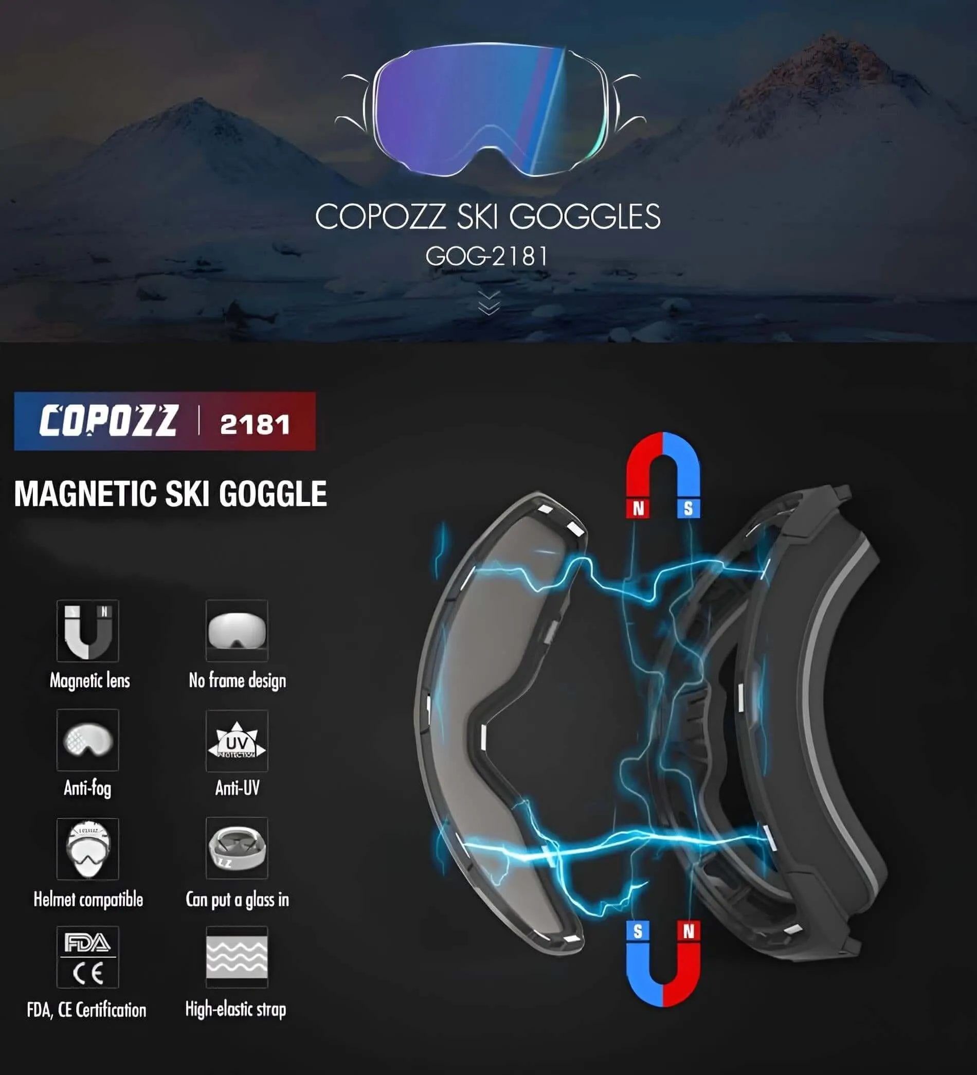 Magnetic Ski Goggles with Quick-Change Lens and Case Set