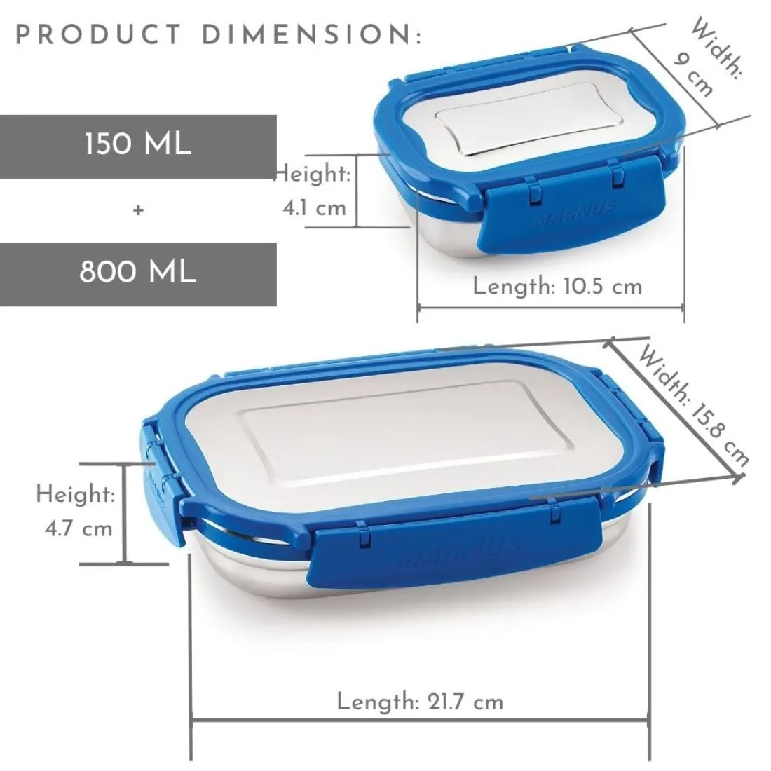 Magnus Bolt Deluxe Stainless Steel Lunch Box - Airtight & Leak Proof Tiffin with 2 Containers & Bottle, Lunch Box for Kids, Lunch Boxes for Office Men - Blue (Big 800 Ml & Small 150 Ml)