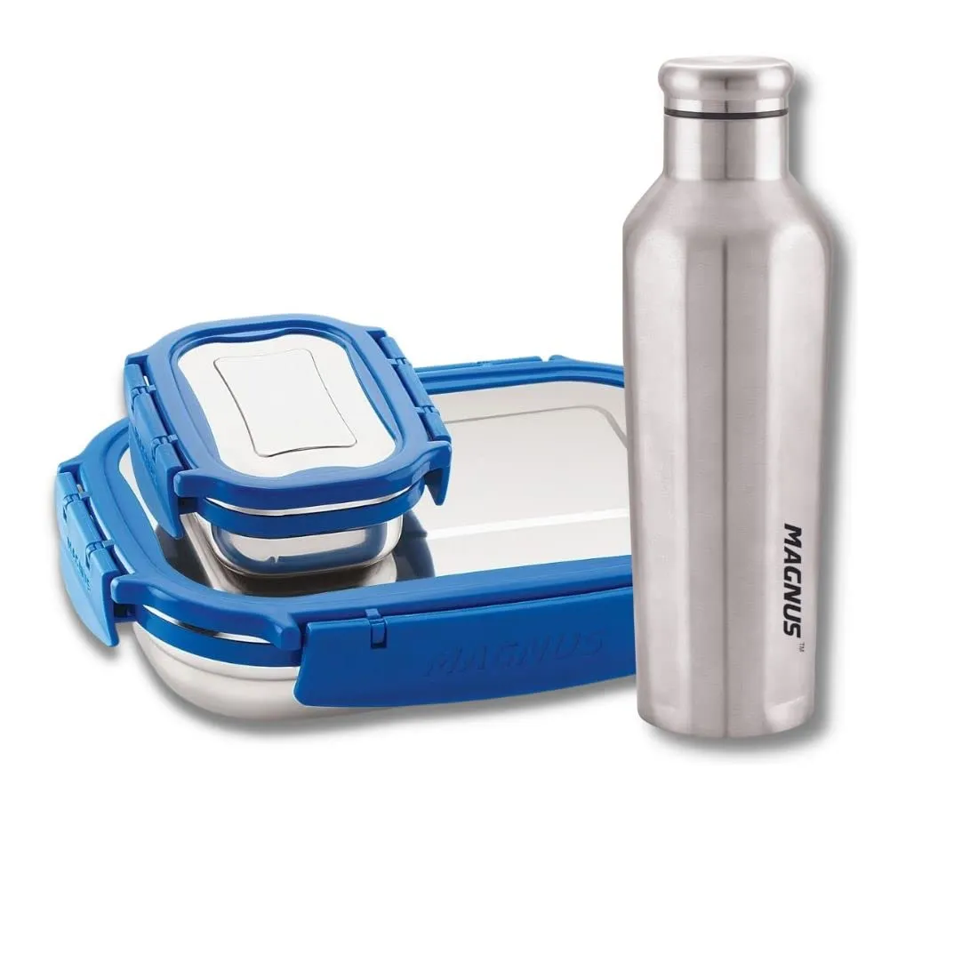 Magnus Bolt Deluxe Stainless Steel Lunch Box - Airtight & Leak Proof Tiffin with 2 Containers & Bottle, Lunch Box for Kids, Lunch Boxes for Office Men - Blue (Big 800 Ml & Small 150 Ml)