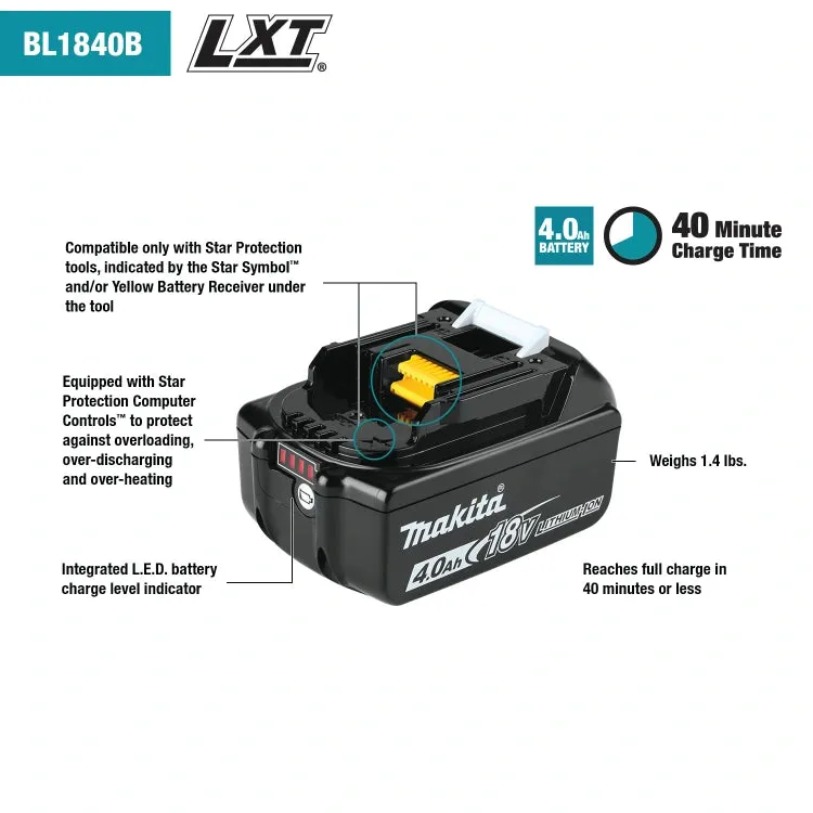 Makita BL1840BSC2 18V LXT Lithium-Ion Battery and Charger Starter Pack, 2ea BL1840B, DC18SD (4.0Ah)   Free Tool