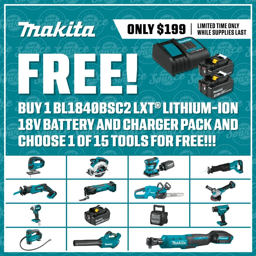 Makita BL1840BSC2 18V LXT Lithium-Ion Battery and Charger Starter Pack, 2ea BL1840B, DC18SD (4.0Ah)   Free Tool