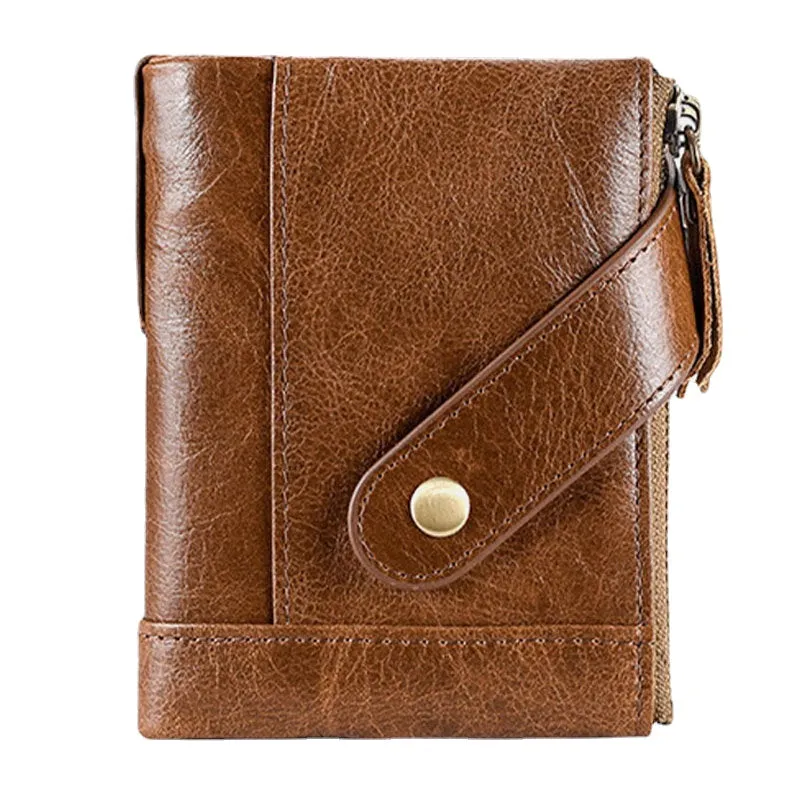 Men Genuine Leather RFID Anti-magnetic Wallet Purse Bifold Double Zipper Coin Purse Card Case