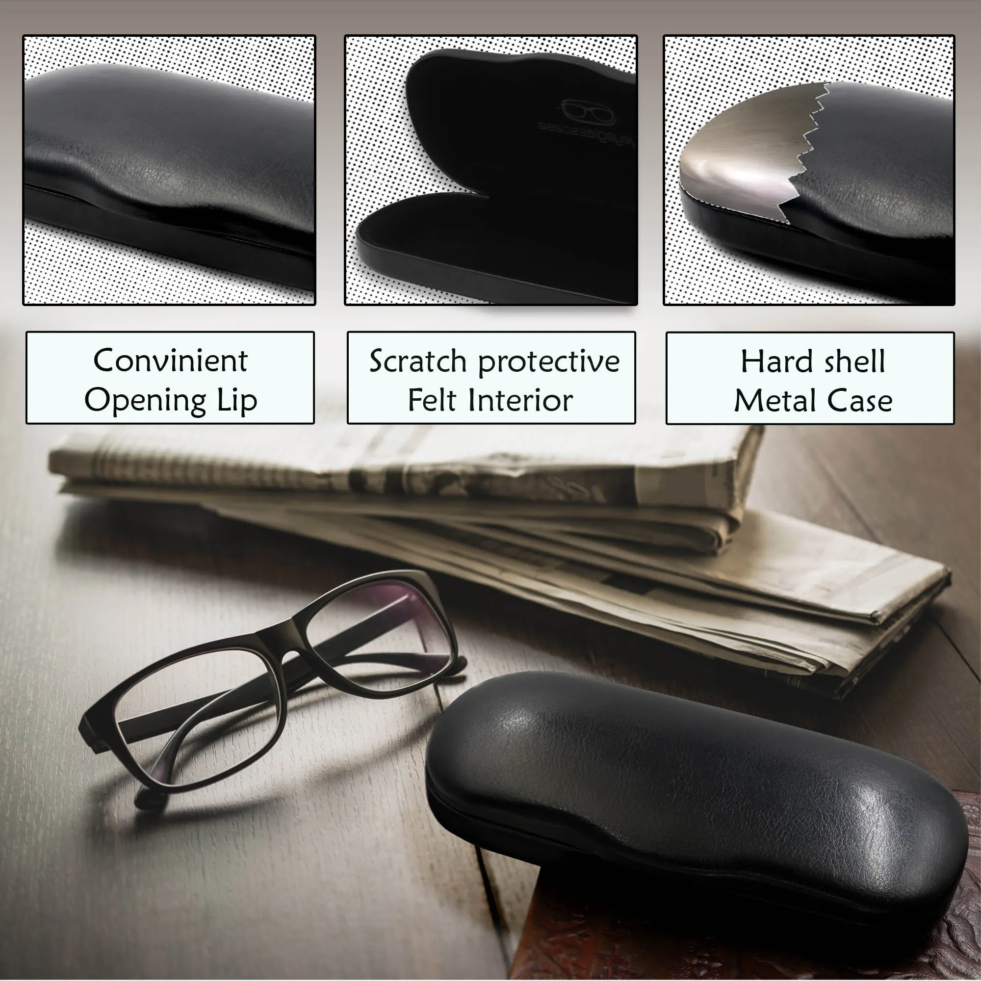 Men Hard Eyeglass Case for Small medium Frames - Glasses Case Holder with pouch and Cleaning Cloth (AS196 Black)