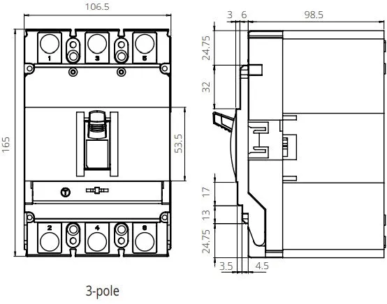 MOD2 3NL 125A, 3 Pole Moulded Case Circuit Breaker (MCCB) Thermal and Magnetic Release Fixed Type 36kA 125 Amp, 400/690VAC