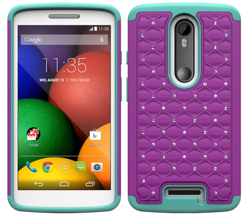 Motorola Droid Turbo 2 Case | Moto X Force Case | Kinzie Bounce Case, Slim Hybrid Dual Layer[Shock Resistant] Crystal Rhinestone Studded Case Cover - Purple/Teal