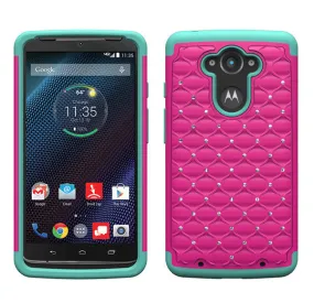 Motorola Droid Turbo | Motorola Moto Maxx | Motorola XT1254 Rhinestone Case , Slim Hybrid Dual Layer[Shock Resistant] Crystal Rhinestone Studded Case Cover - Hot Pink/Teal