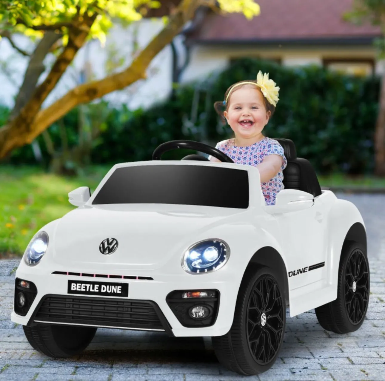 New 2025 | 12V Licensed Volkswagen Beetle Kids Ride On Car 1 Seater Upgraded | Open Doors | Lights | Ages 1-8 | Remote