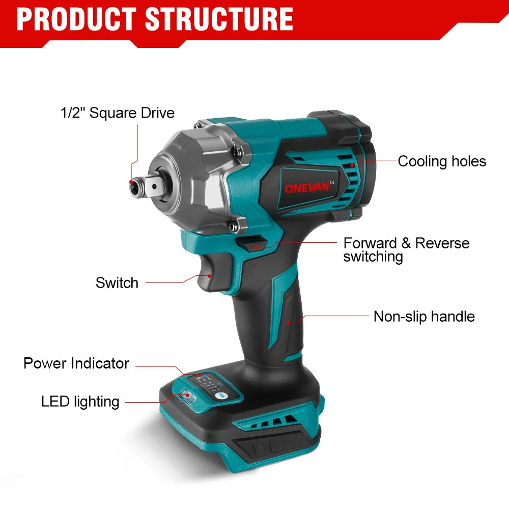 ONEVAN 1/2" 1200N·m Brushless Impact Wrench & Polishing Machine 2‑Pc. Combo Kit 6.0Ah