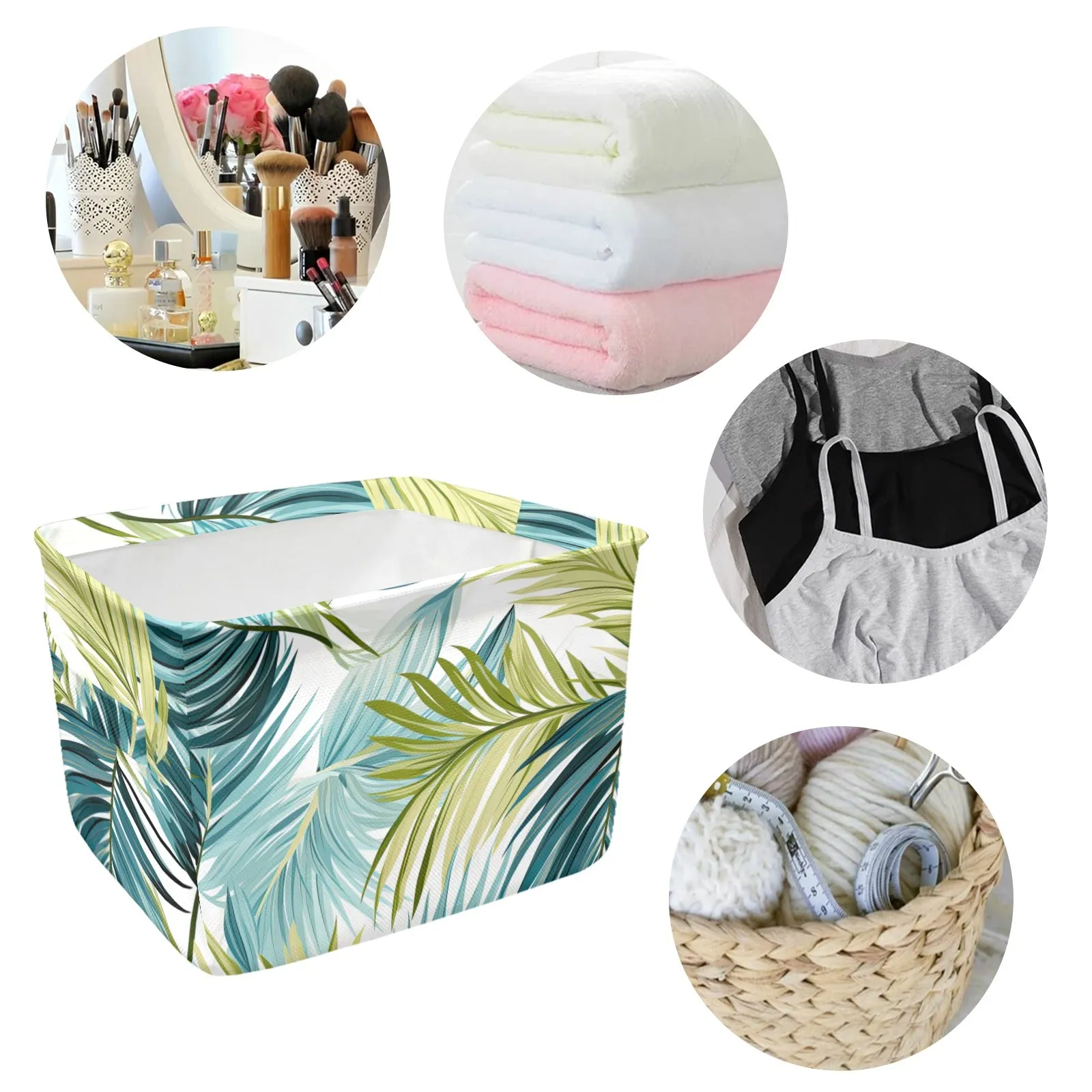 Palm Leaves Blue Green Fabric Storage Basket