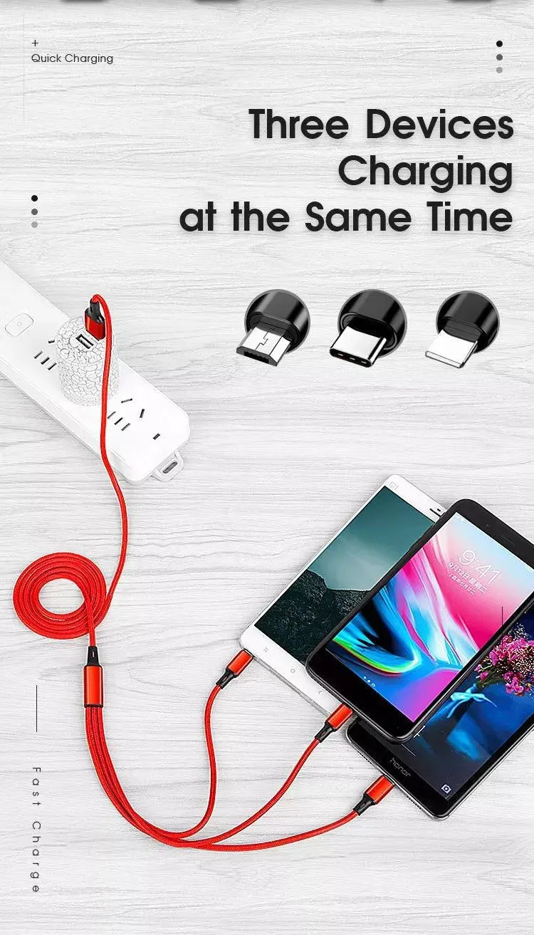 PBG Best 3 in 1 Fast Charging cable - Charge 3 Devices Simultaneously Fast, Wholesale Pack