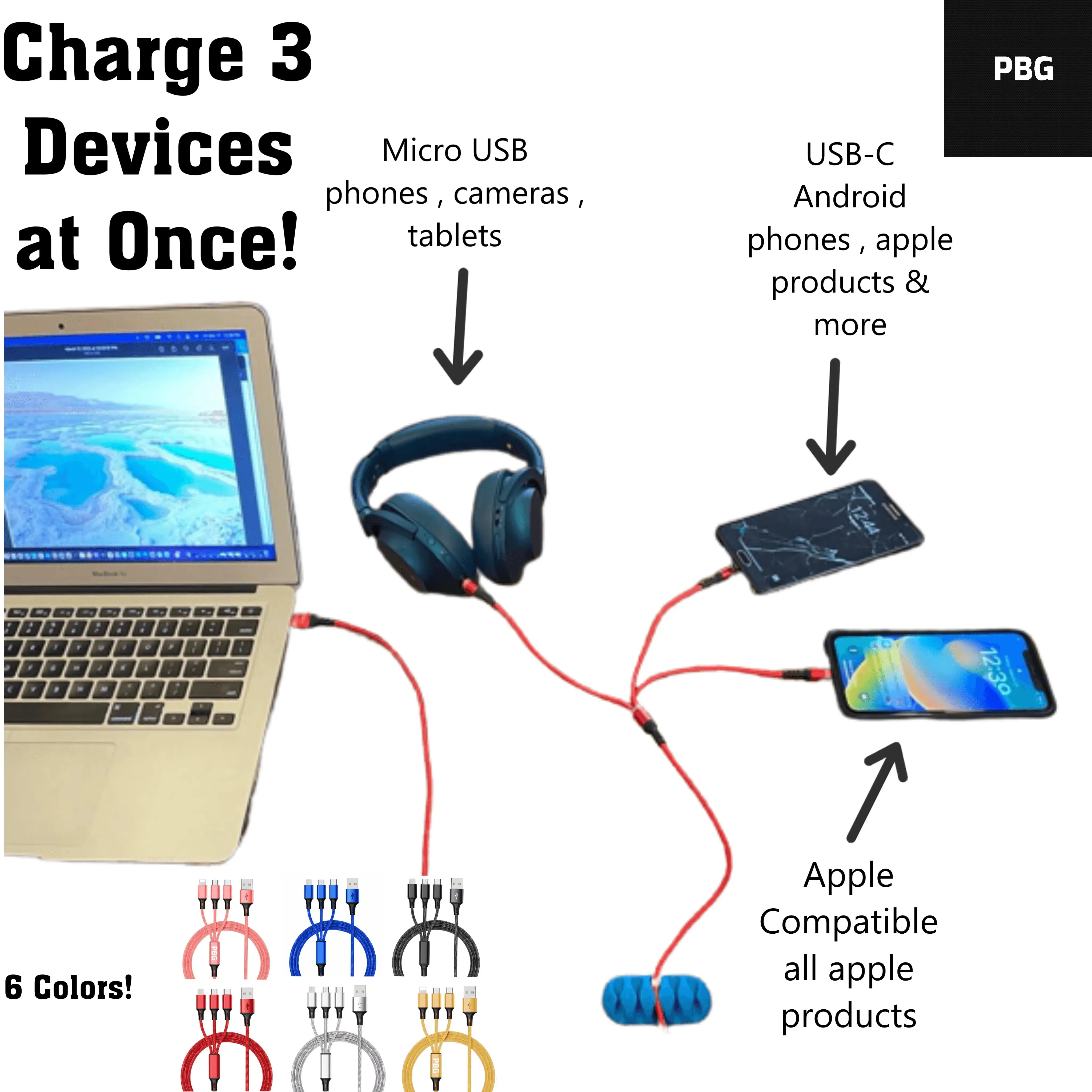 PBG Best 3 in 1 Fast Charging cable - Charge 3 Devices Simultaneously Fast, Wholesale Pack