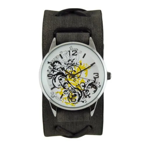 Plant Art Ladies Yellow Watch with X Distressed Black Leather Cuff