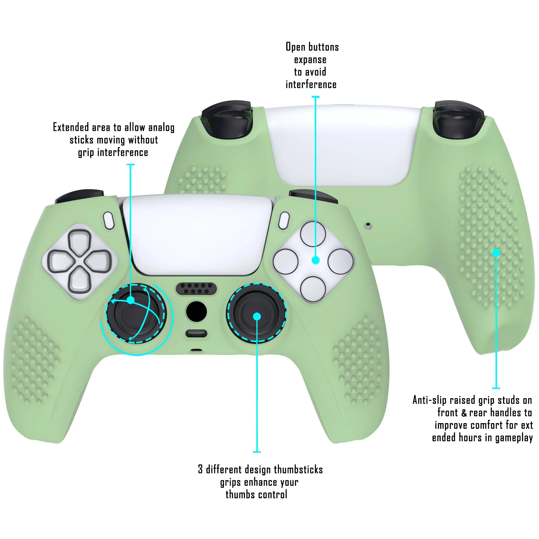 PlayVital 3D Studded Matcha Green Ergonomic Soft Controller Silicone Case Grips for PS5, Rubber Protector Skins with 6 Clear White Thumbstick Caps for PS5 Controller - TDPF028