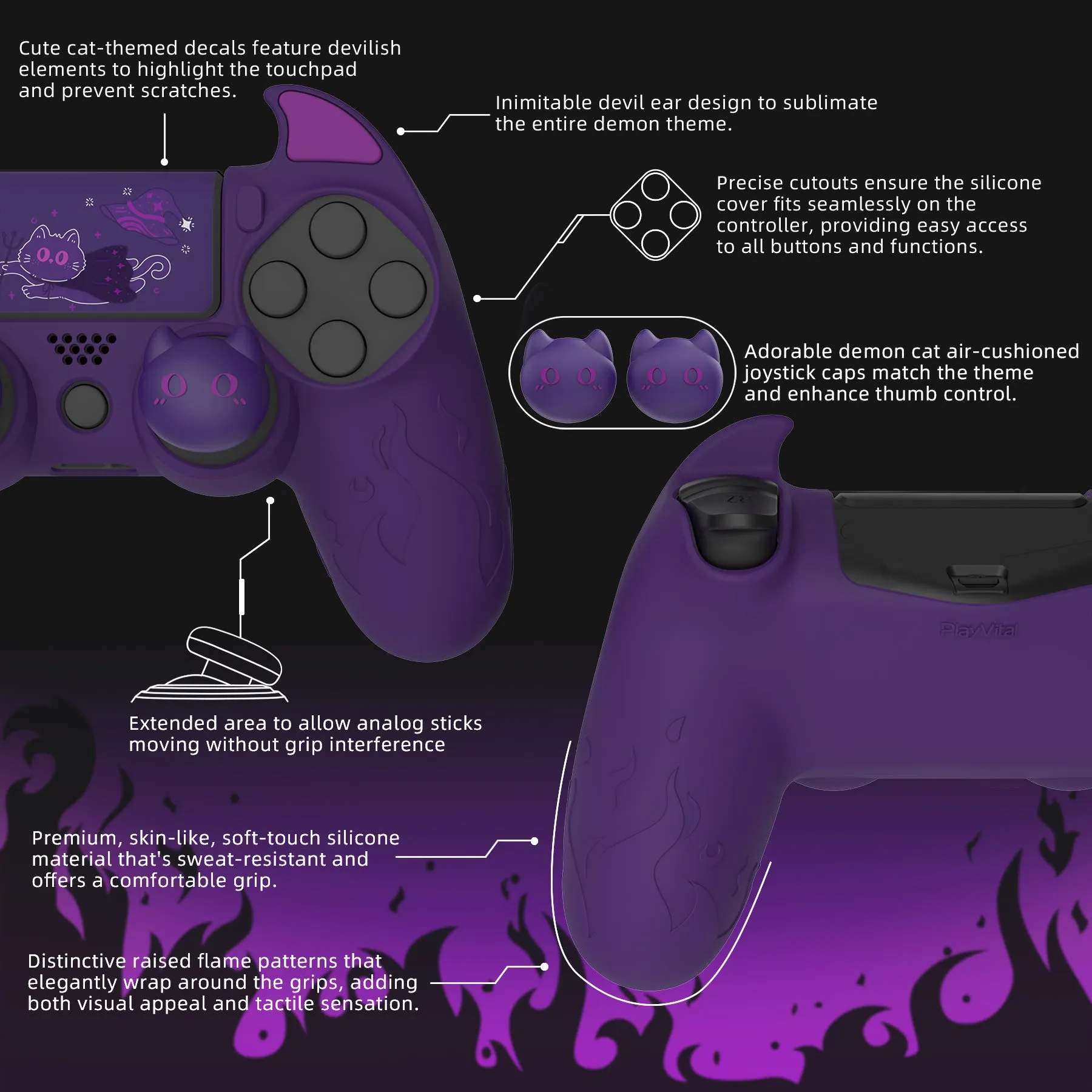 PlayVital Cute Demon Controller Skin for PS4 with Thumb Grips & Stickers, Kawaii Anti-Slip Silicone Controller Cover Grip Protector for PS4 Slim/Pro Controller - Purple - BRJP4P002