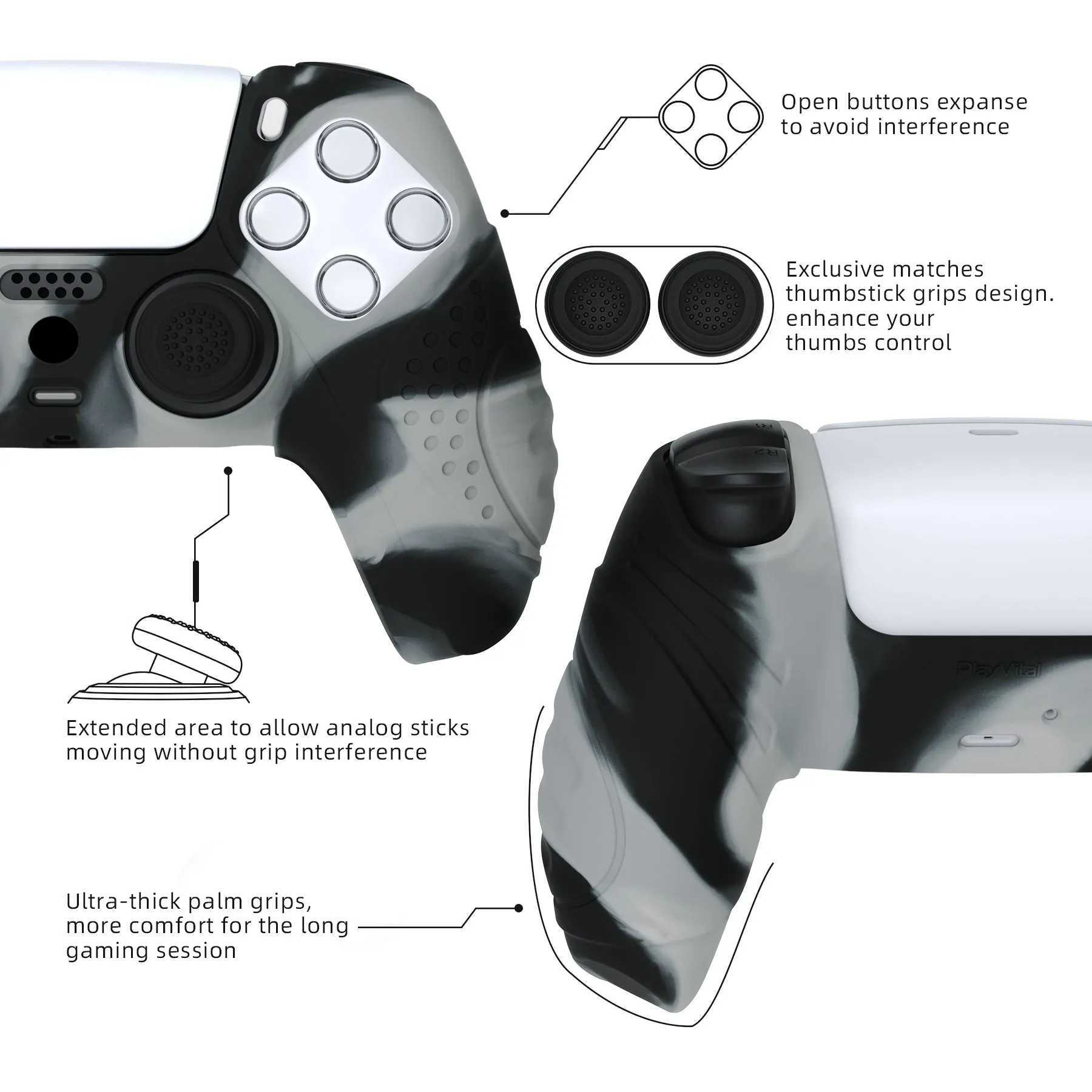 PlayVital Guardian Edition New Hope Gray & Black Ergonomic Soft Anti-slip Controller Silicone Case Cover, Rubber Protector Skins with Black Joystick Caps for PS5 Controller - YHPF031