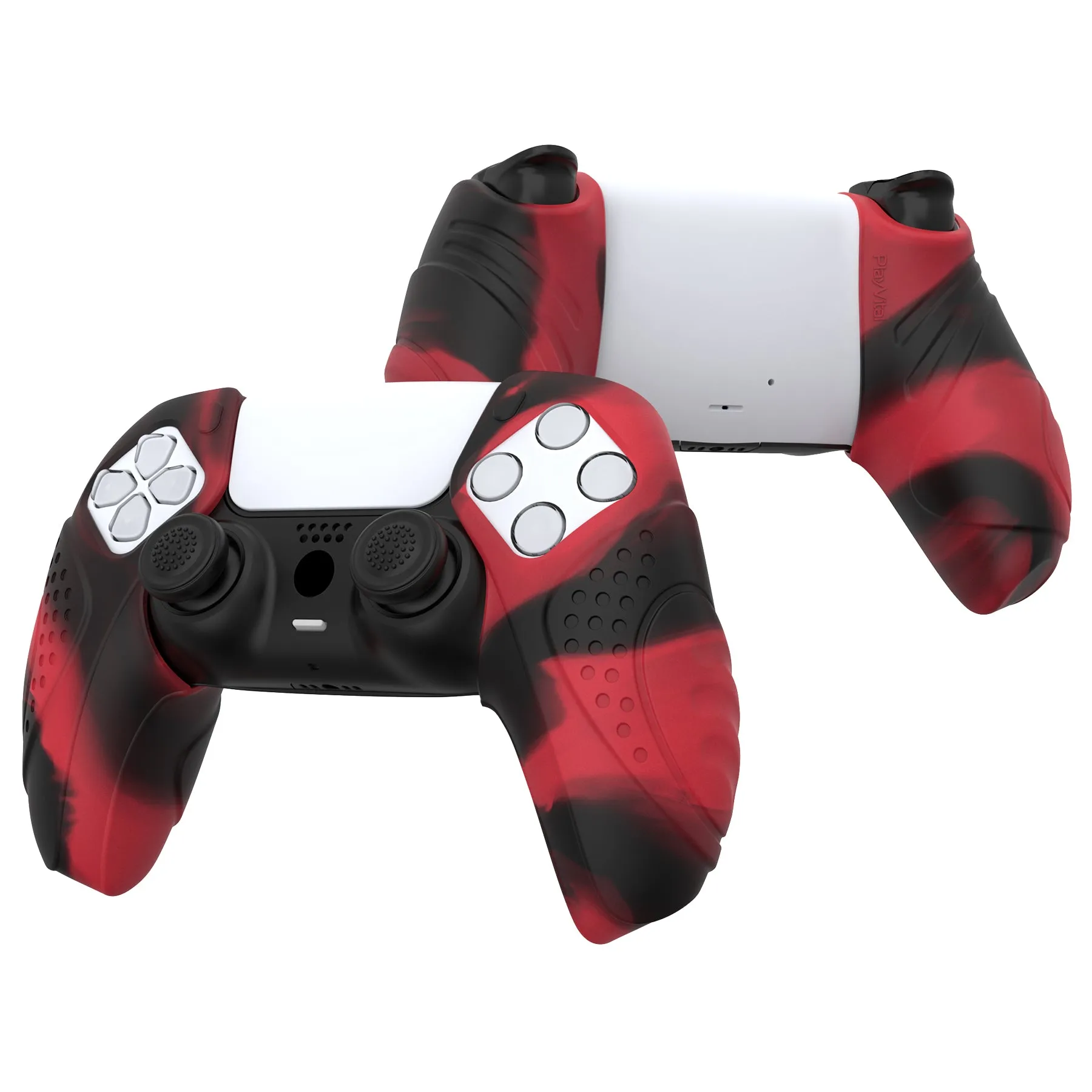 PlayVital Guardian Edition Red & Black Ergonomic Soft Controller Silicone Case Grips for PS5, Rubber Protector Skins with Thumbstick Caps for PS5 Controller – Compatible with Charging Station - YHPF028