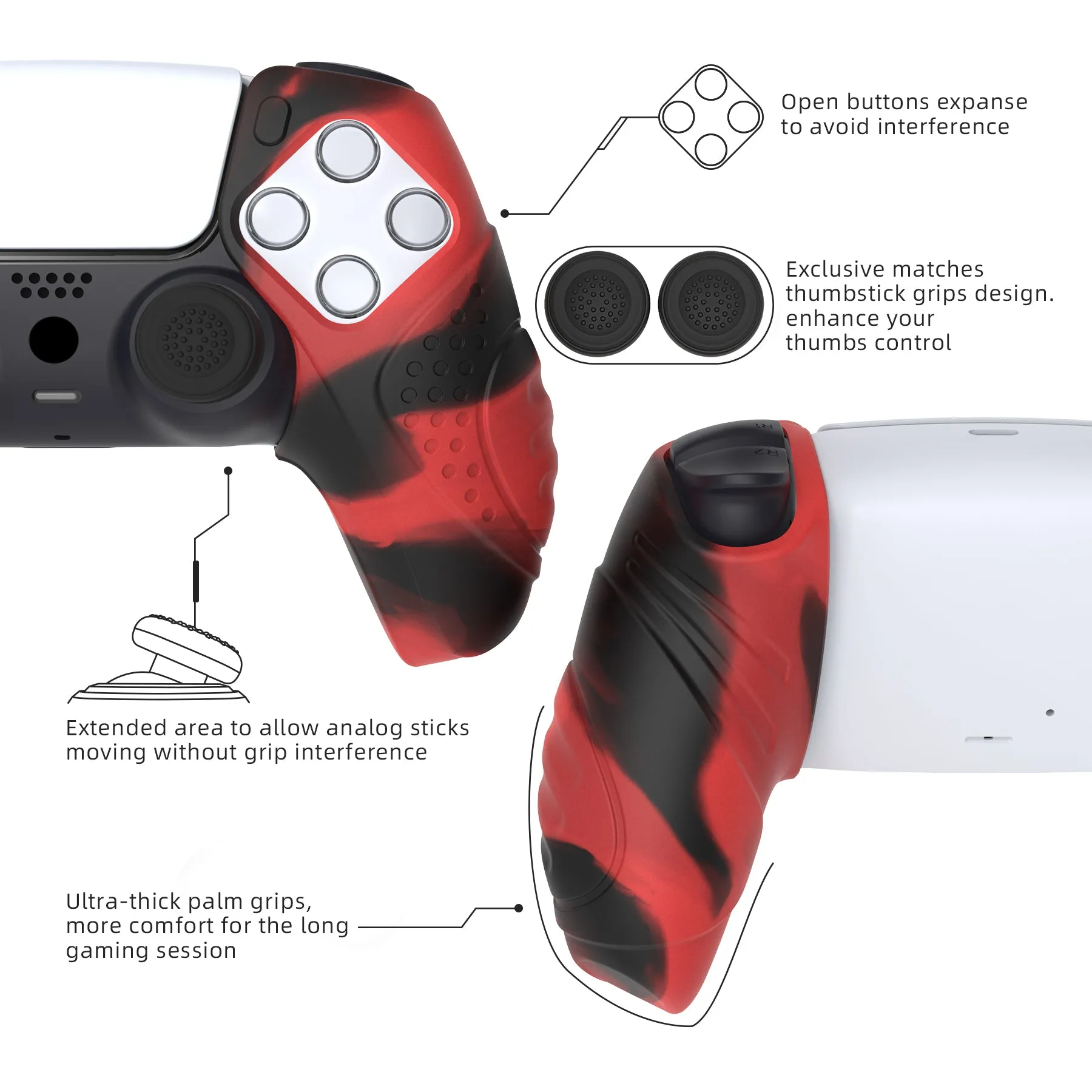 PlayVital Guardian Edition Red & Black Ergonomic Soft Controller Silicone Case Grips for PS5, Rubber Protector Skins with Thumbstick Caps for PS5 Controller – Compatible with Charging Station - YHPF028