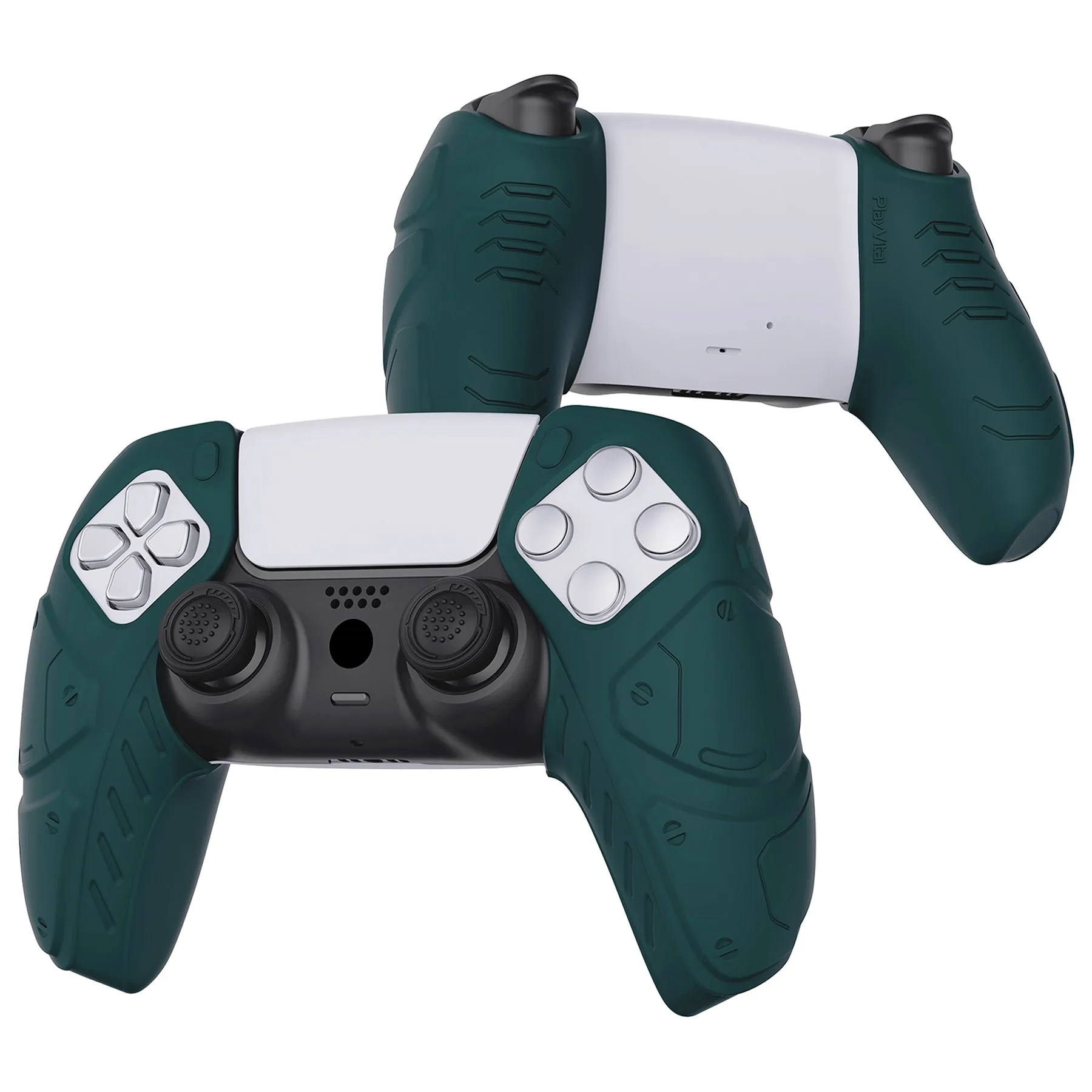 PlayVital Mecha Edition Racing Green Ergonomic Soft Controller Silicone Case Grips for PS5 Controller, Rubber Protector Skins with Thumbstick Caps for PS5 Controller – Compatible with Charging Station - JGPF004