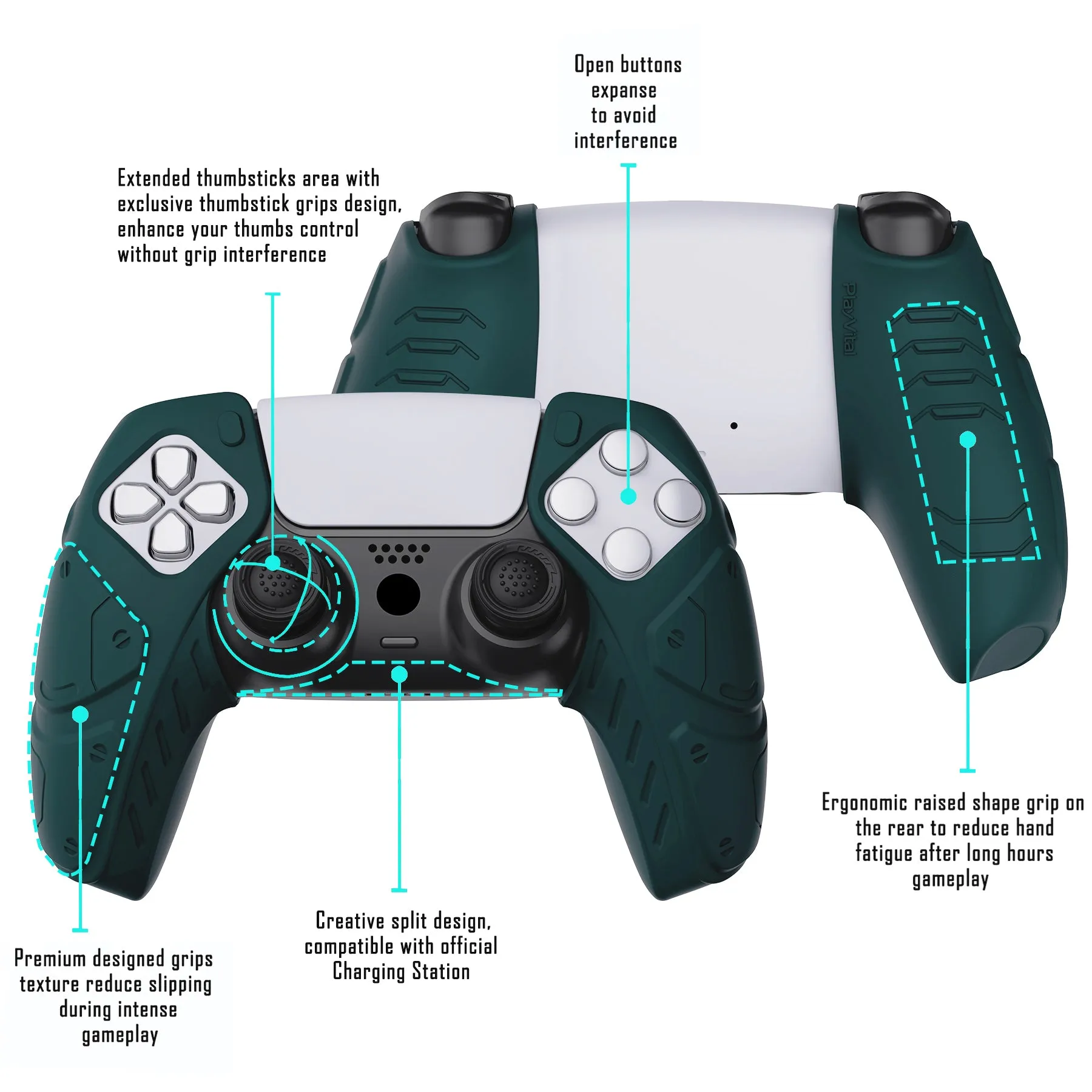 PlayVital Mecha Edition Racing Green Ergonomic Soft Controller Silicone Case Grips for PS5 Controller, Rubber Protector Skins with Thumbstick Caps for PS5 Controller – Compatible with Charging Station - JGPF004