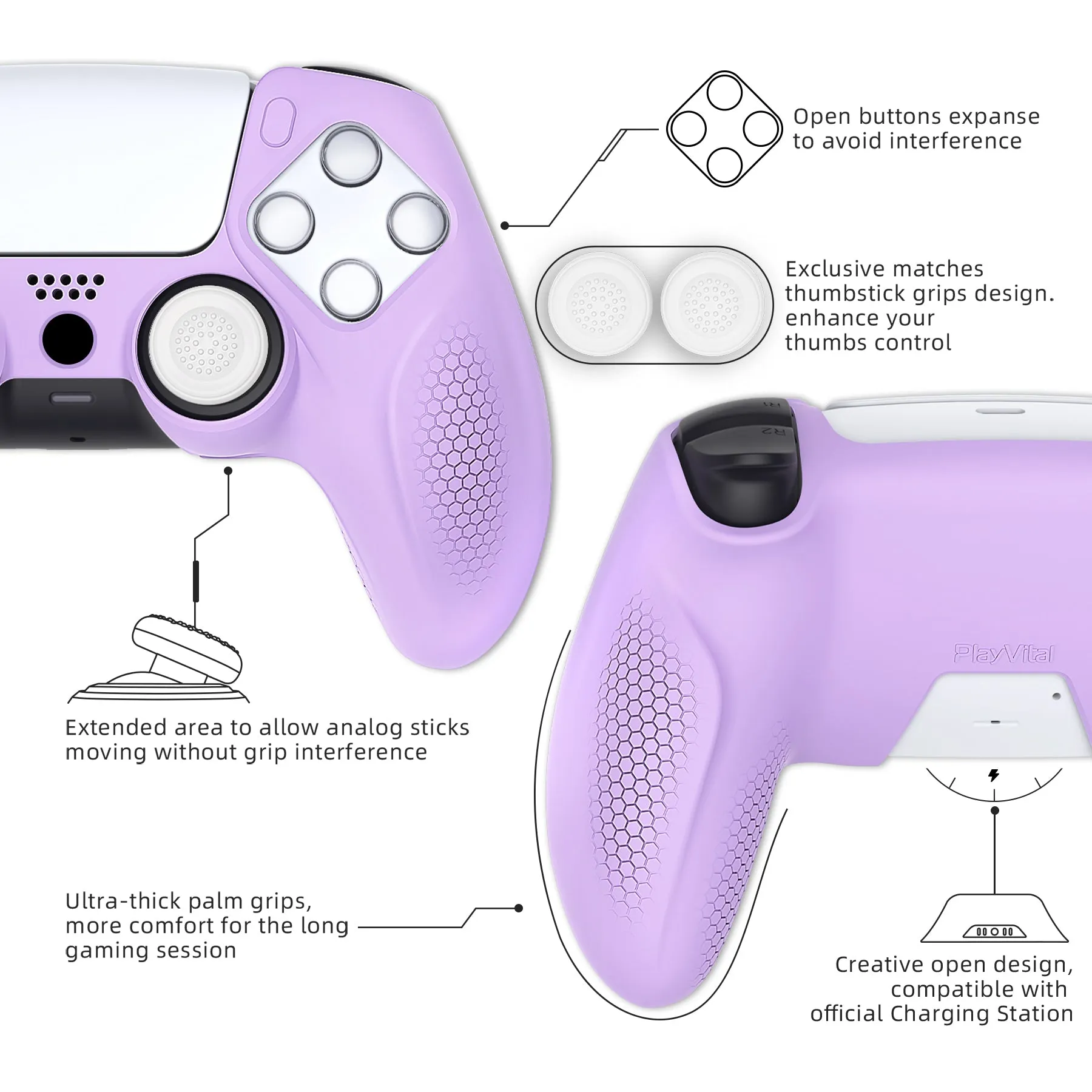 PlayVital Ninja Edition Anti-Slip Silicone Cover Skin for ps5 Wireless Controller, Ergonomic Protector Soft Rubber Case for ps5 Controller Fits with Charging Station with Thumb Grip Caps - Mauve Purple - MQRPFP004