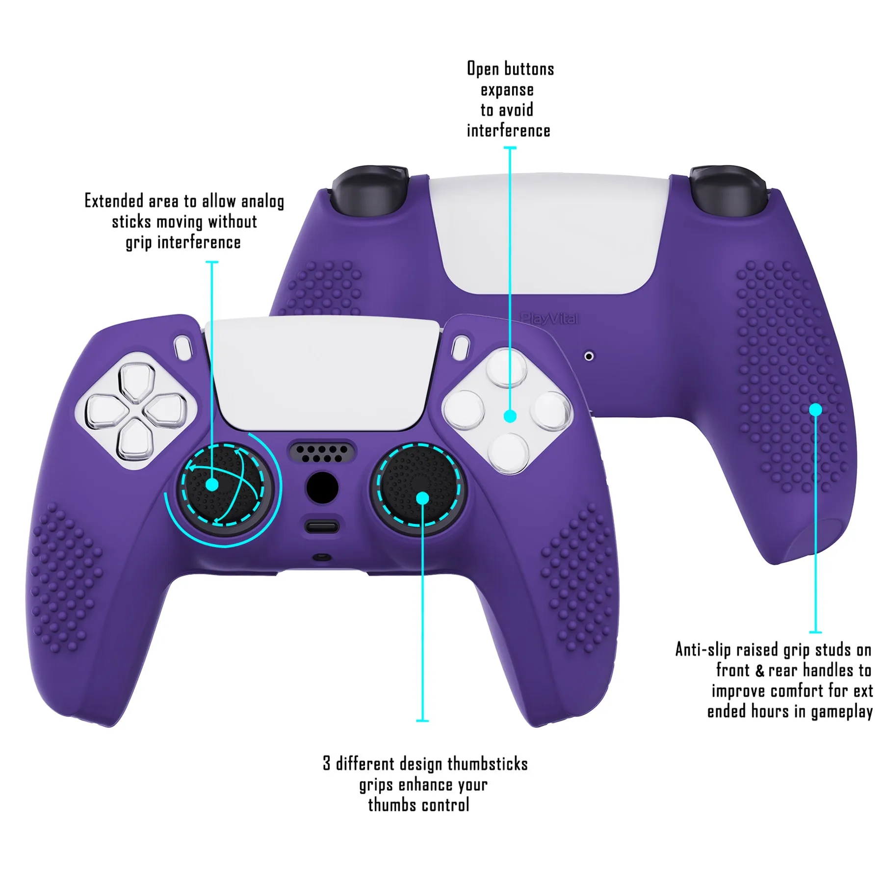 PlayVital Purple 3D Studded Edition Anti-slip Silicone Cover Skin for 5 Controller, Soft Rubber Case Protector for PS5 Wireless Controller with 6 Black Thumb Grip Caps - TDPF007