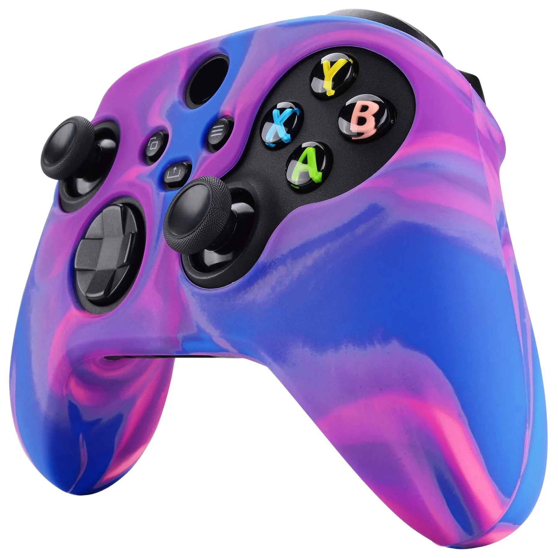 PlayVital Tri-Color Pink & Purple & Blue Camouflage Anti-Slip Silicone Cover Skin for Xbox Series X Controller, Soft Rubber Case Protector for Xbox Series S Controller with Black Thumb Grip Caps - BLX3015