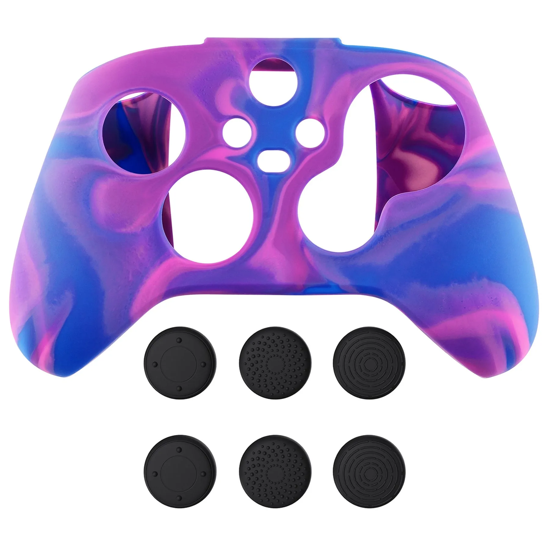 PlayVital Tri-Color Pink & Purple & Blue Camouflage Anti-Slip Silicone Cover Skin for Xbox Series X Controller, Soft Rubber Case Protector for Xbox Series S Controller with Black Thumb Grip Caps - BLX3015