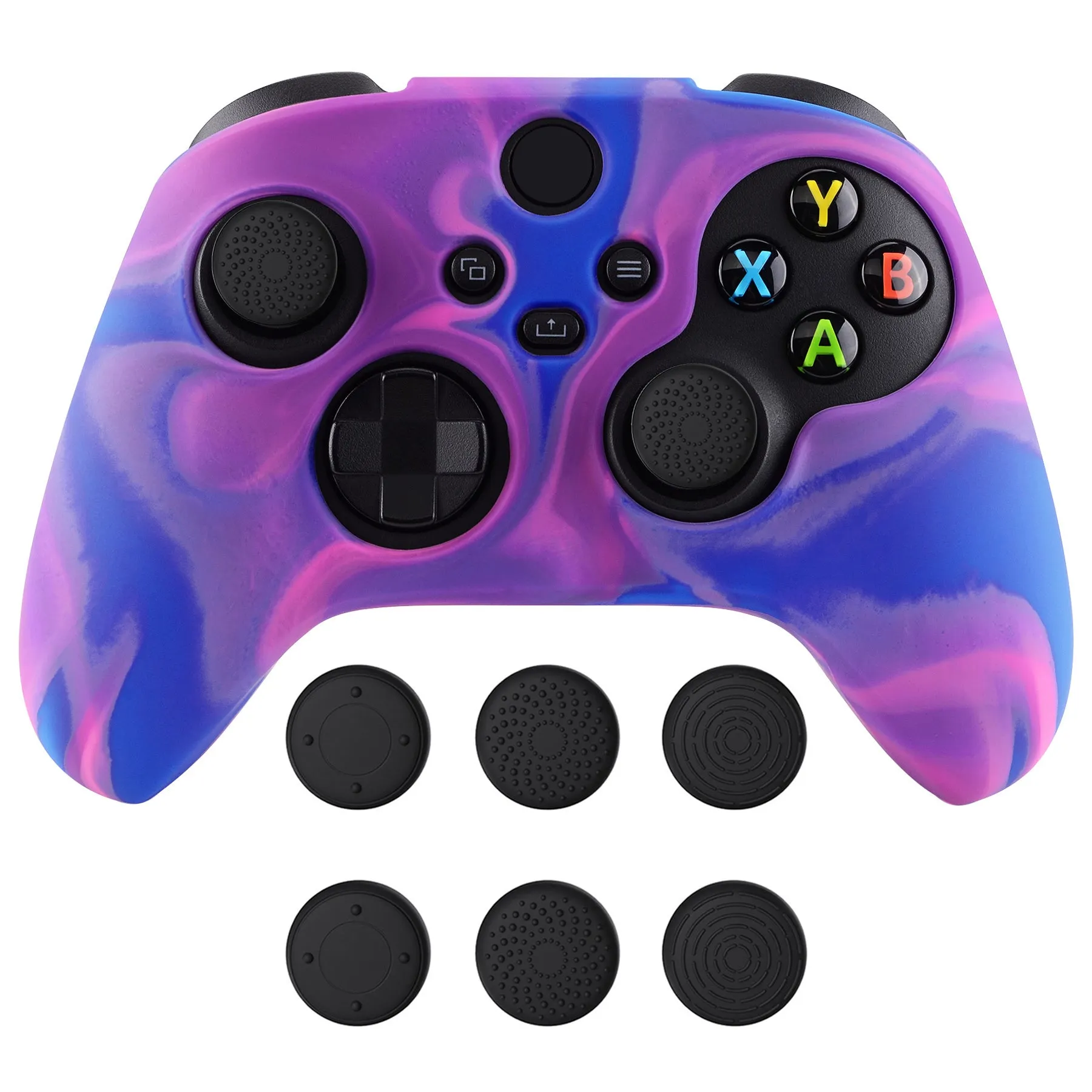 PlayVital Tri-Color Pink & Purple & Blue Camouflage Anti-Slip Silicone Cover Skin for Xbox Series X Controller, Soft Rubber Case Protector for Xbox Series S Controller with Black Thumb Grip Caps - BLX3015