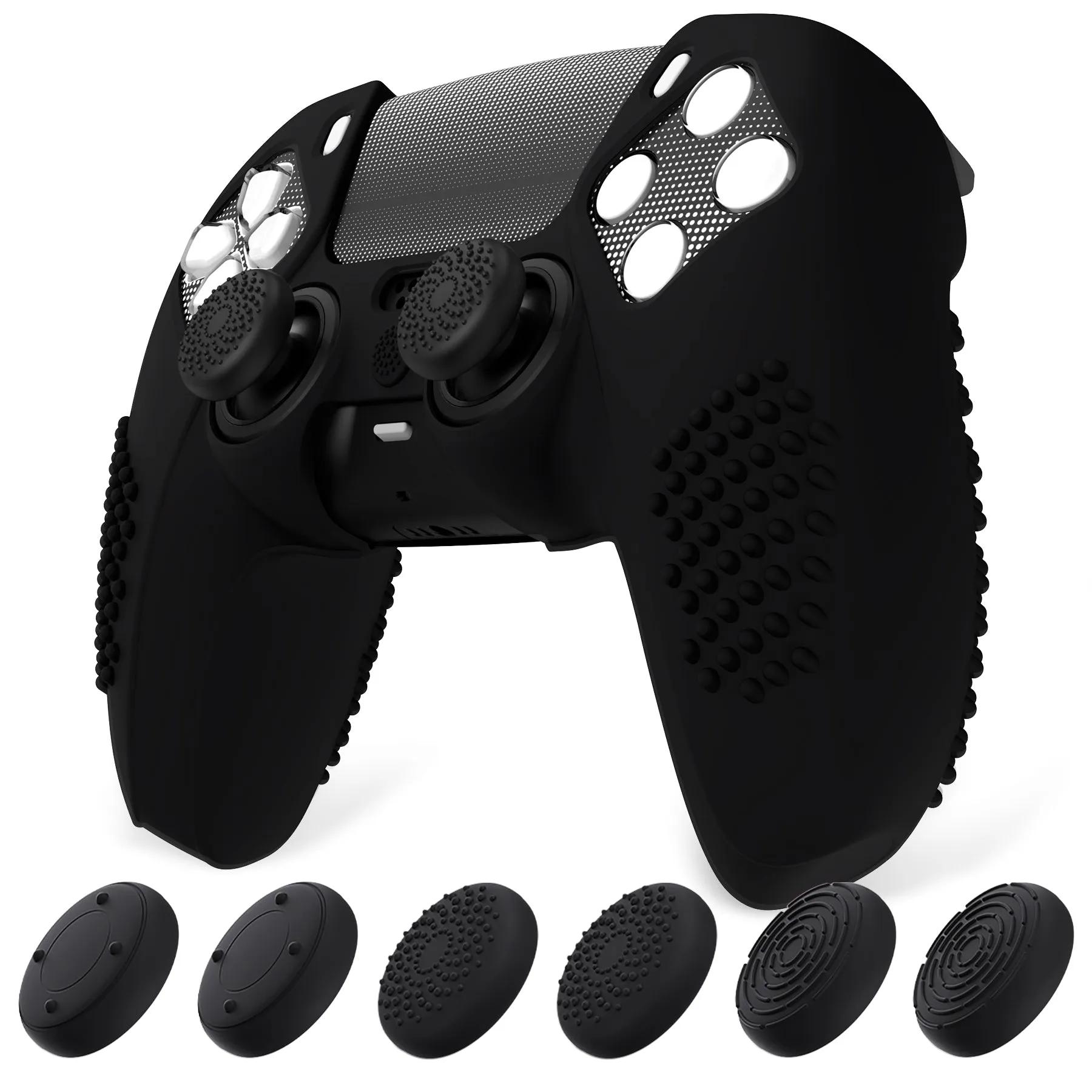 PlayVital Upgraded 3D Studded Edition Black Silicone Cover Skin for PS5 Controller with 6 Thumb Grips & 2 Stickers, Anti-Slip Shockproof Controller Grip Case - Compatible with Charging Dock - TVAPFP001