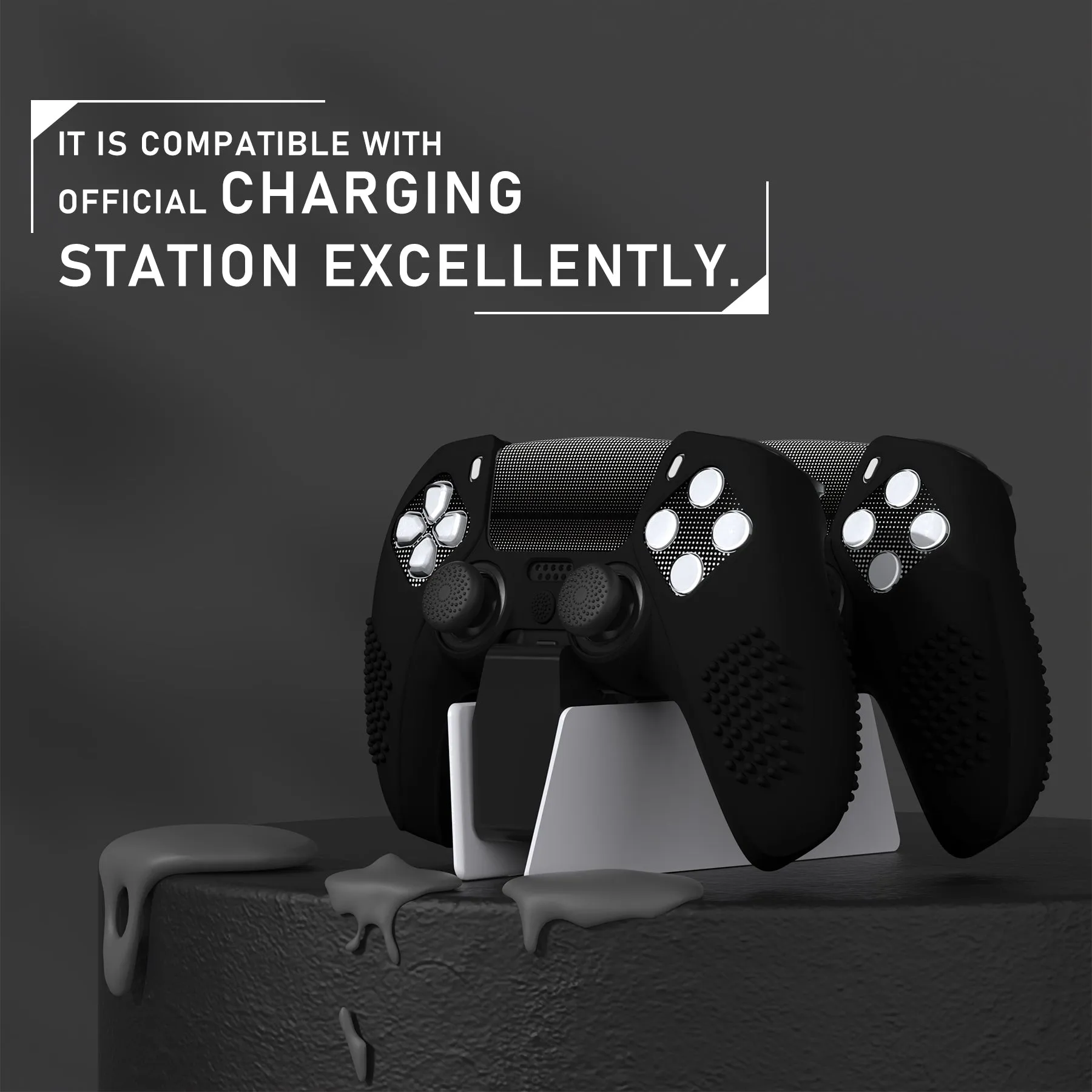 PlayVital Upgraded 3D Studded Edition Black Silicone Cover Skin for PS5 Controller with 6 Thumb Grips & 2 Stickers, Anti-Slip Shockproof Controller Grip Case - Compatible with Charging Dock - TVAPFP001